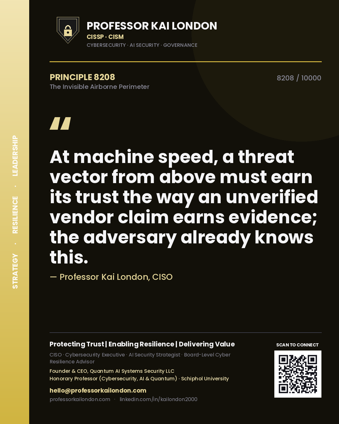 Quote card by Professor Kai London reading 'At machine speed, a threat vector from above must earn its trust the way an unverified vendor claim earns evidence; the adversary already knows this.'. From the book The Invisible Airborne Perimeter.