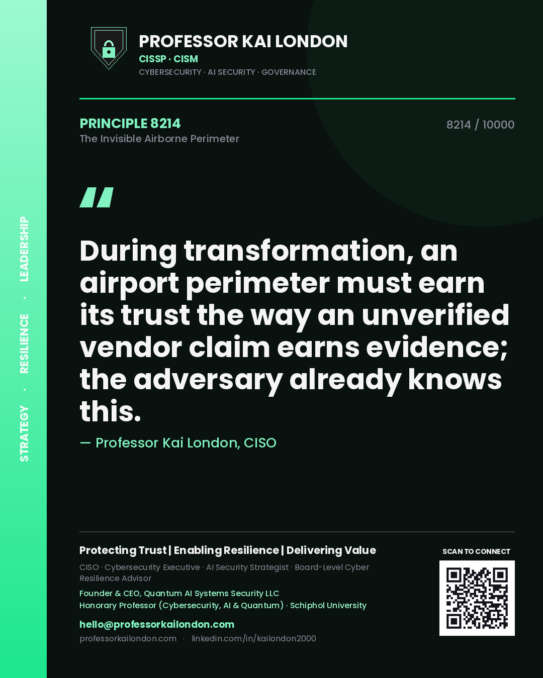Quote card by Professor Kai London reading 'During transformation, an airport perimeter must earn its trust the way an unverified vendor claim earns evidence; the adversary already knows this.'. From the book The Invisible Airborne Perimeter.