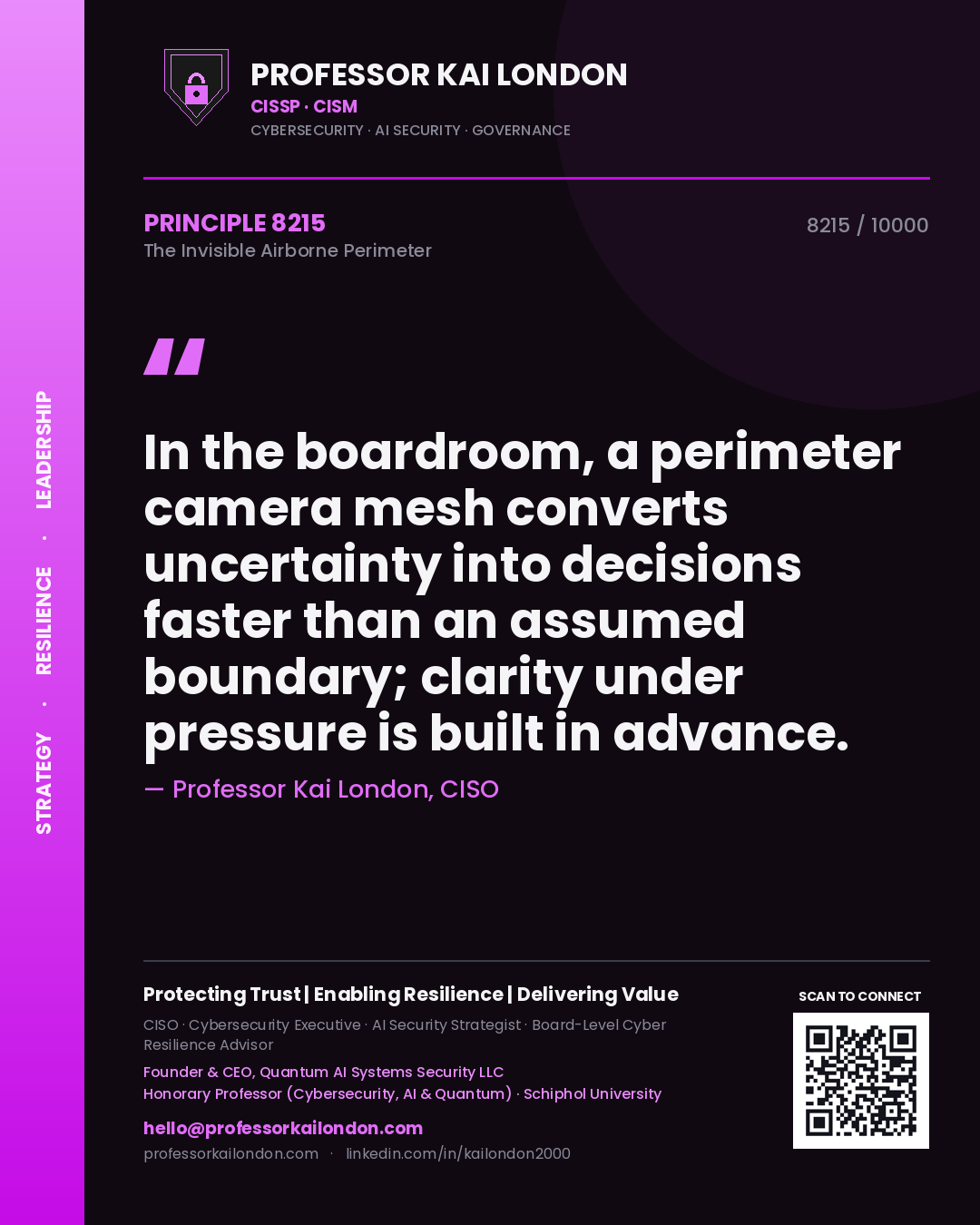 Professor Kai London principle 8215: In the boardroom, a perimeter camera mesh converts uncertainty into decisions faster than an assumed boundary; clarity under pressure is built in advance.
