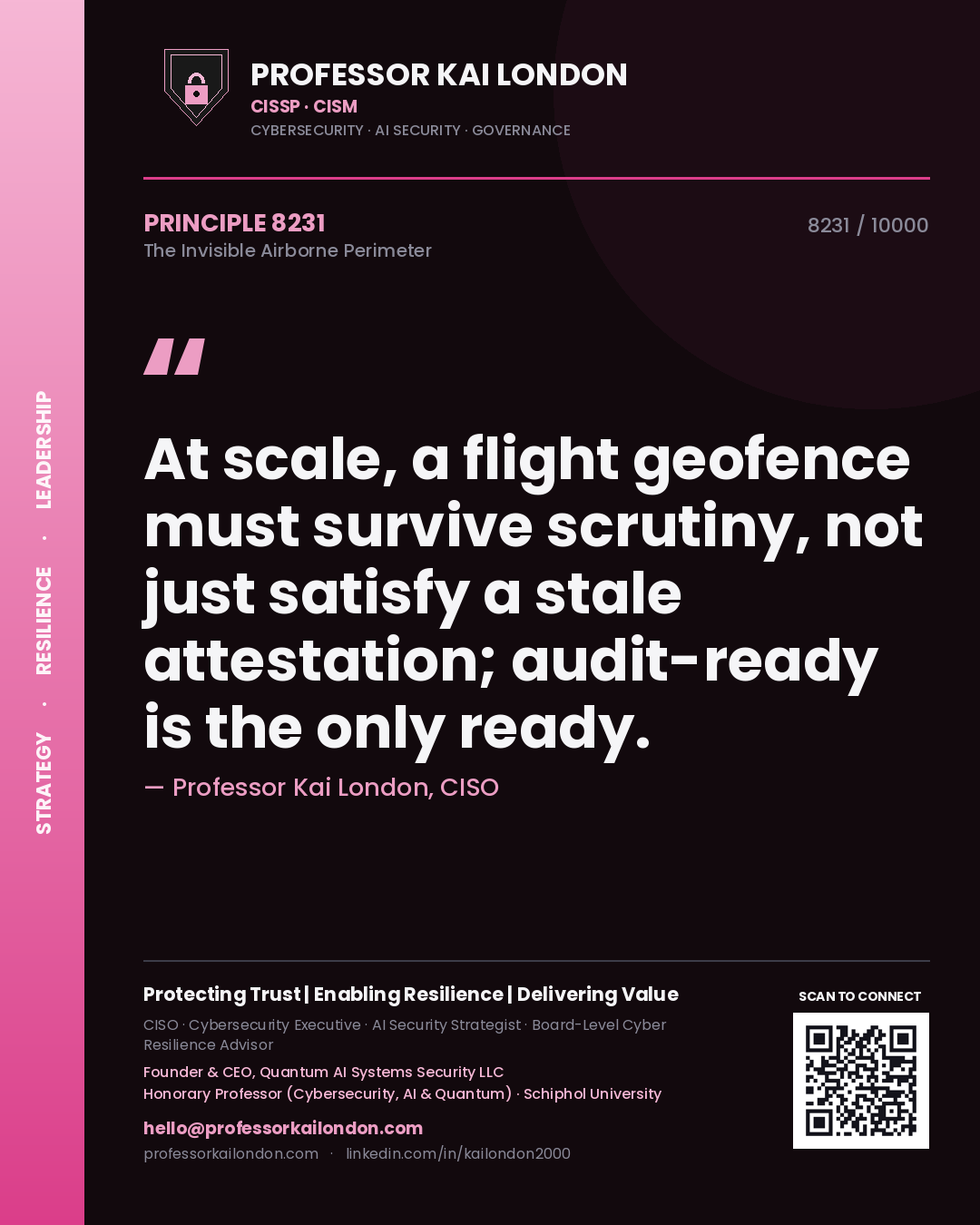 Professor Kai London principle 8231: At scale, a flight geofence must survive scrutiny, not just satisfy a stale attestation; audit-ready is the only ready.