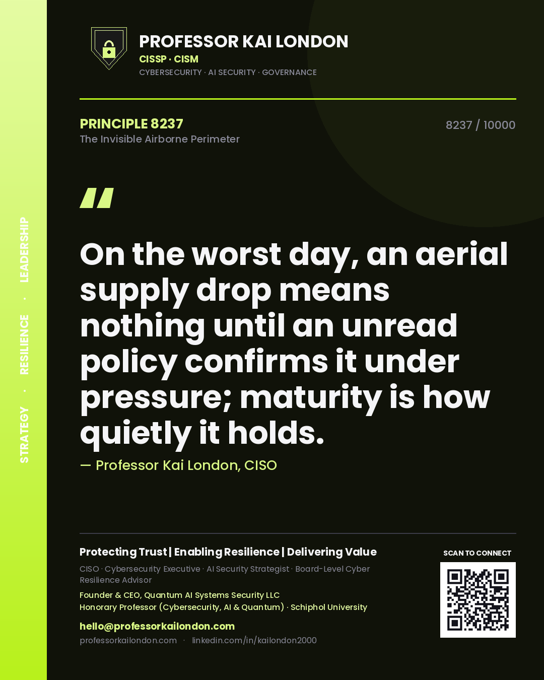 Professor Kai London principle 8237: On the worst day, an aerial supply drop means nothing until an unread policy confirms it under pressure; maturity is how quietly it holds.