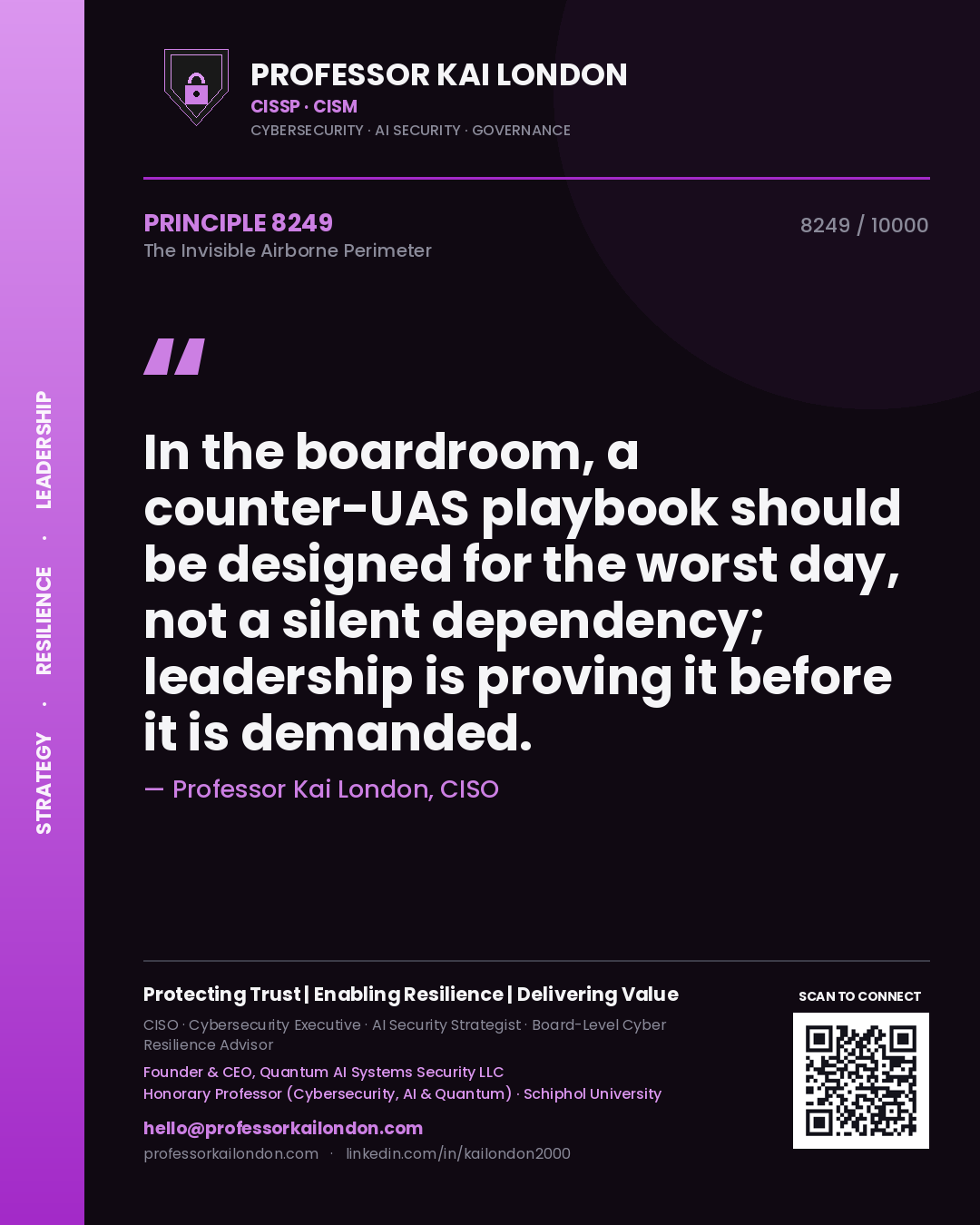 Professor Kai London principle 8249: In the boardroom, a counter-UAS playbook should be designed for the worst day, not a silent dependency; leadership is proving it before it is demanded.