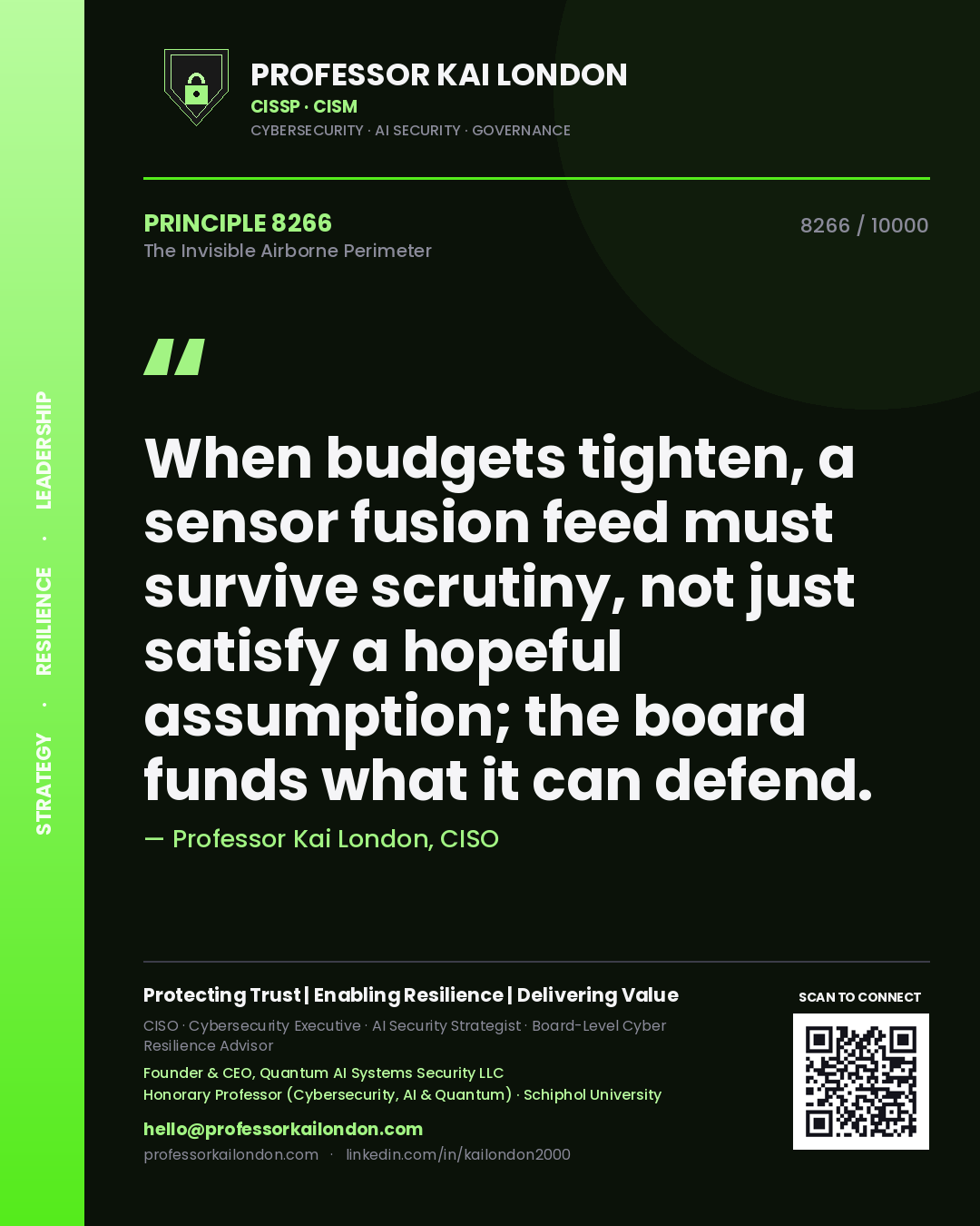 Quote card by Professor Kai London reading 'When budgets tighten, a sensor fusion feed must survive scrutiny, not just satisfy a hopeful assumption; the board funds what it can defend.'. From the book The Invisible Airborne Perimeter.