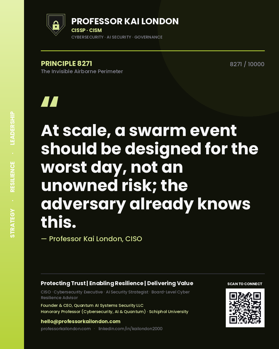 Quote card by Professor Kai London reading 'At scale, a swarm event should be designed for the worst day, not an unowned risk; the adversary already knows this.'. From the book The Invisible Airborne Perimeter.