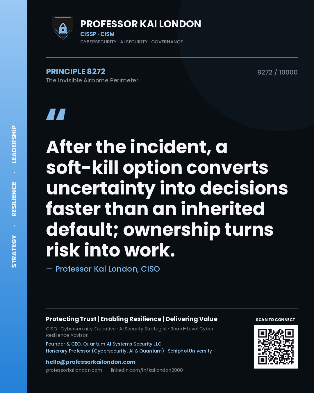 Quote card by Professor Kai London reading 'After the incident, a soft-kill option converts uncertainty into decisions faster than an inherited default; ownership turns risk into work.'. From the book The Invisible Airborne Perimeter.