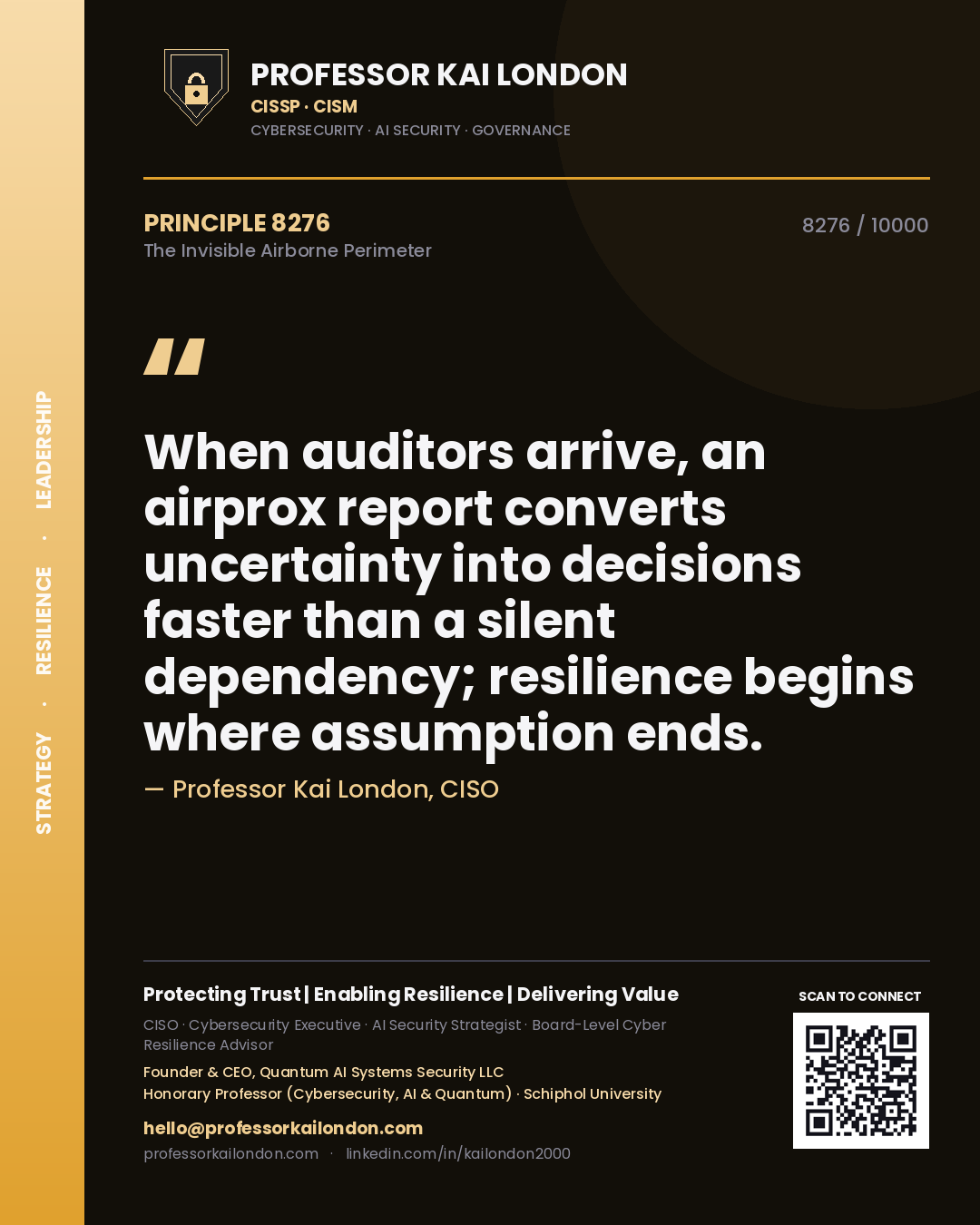 Quote card by Professor Kai London reading 'When auditors arrive, an airprox report converts uncertainty into decisions faster than a silent dependency; resilience begins where assumption ends.'. From the book The Invisible Airborne Perimeter.