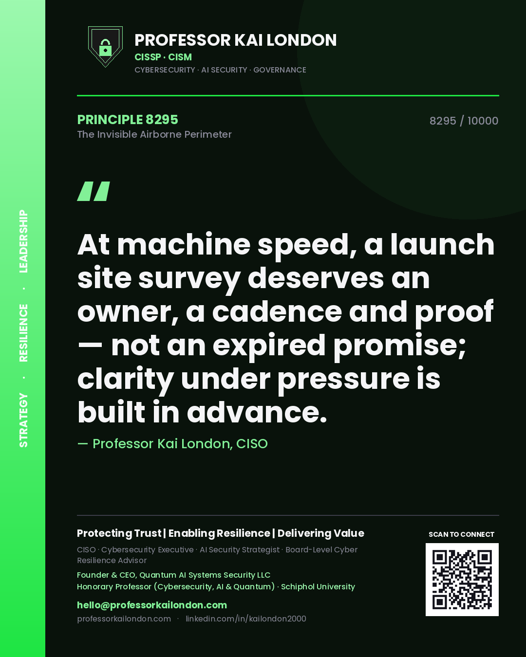 Professor Kai London principle 8295: At machine speed, a launch site survey deserves an owner, a cadence and proof — not an expired promise; clarity under pressure is built in advance.