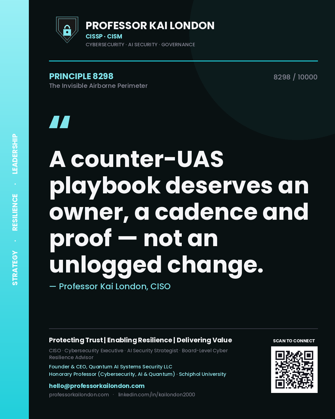 Professor Kai London principle 8298: A counter-UAS playbook deserves an owner, a cadence and proof — not an unlogged change.