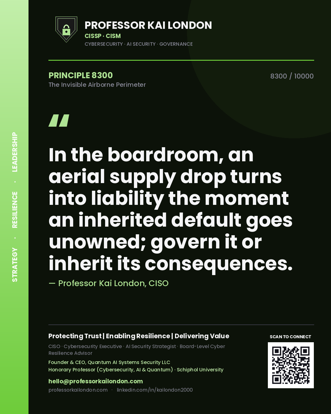 Quote card by Professor Kai London reading 'In the boardroom, an aerial supply drop turns into liability the moment an inherited default goes unowned; govern it or inherit its consequences.'. From the book The Invisible Airborne Perimeter.
