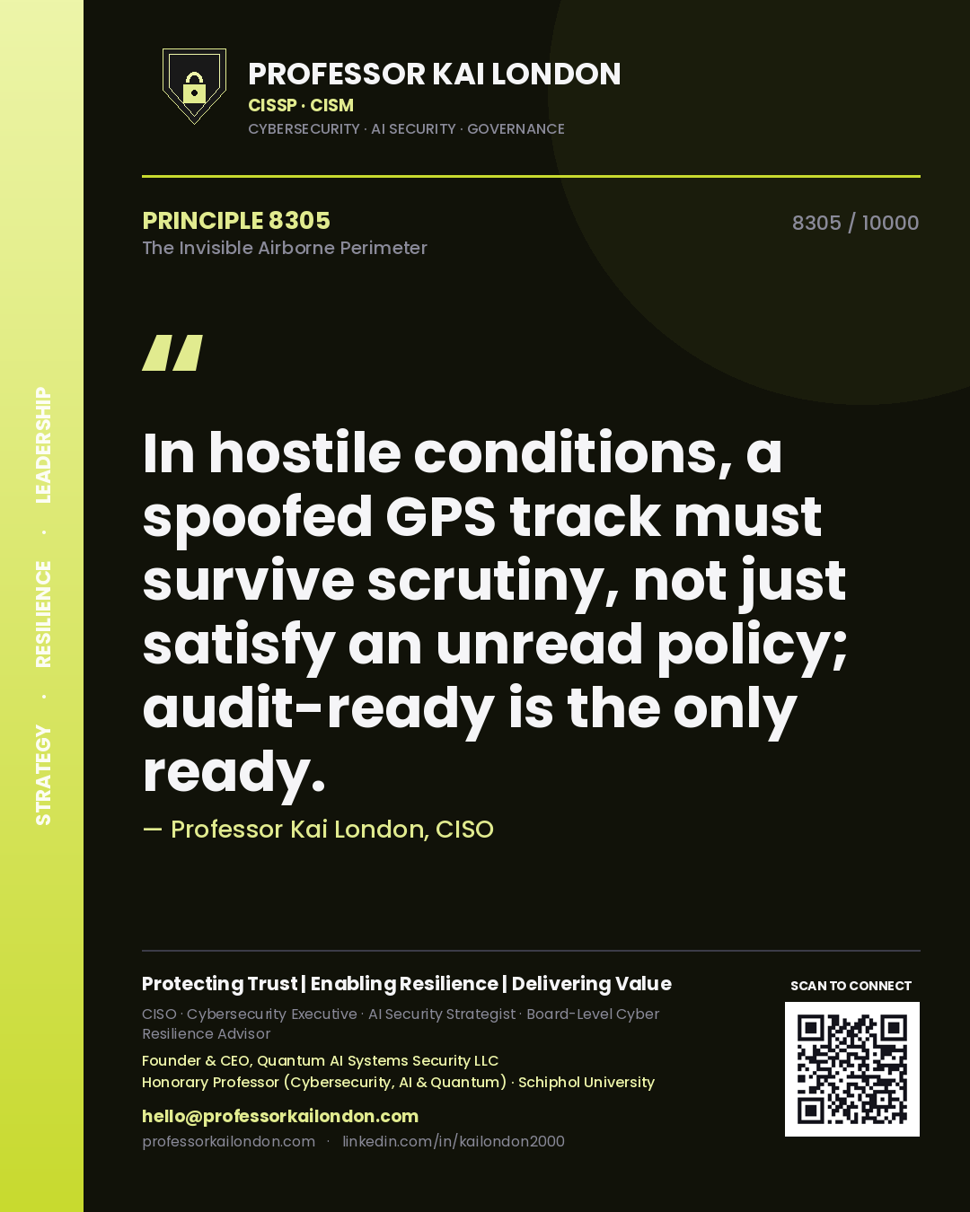 Quote card by Professor Kai London reading 'In hostile conditions, a spoofed GPS track must survive scrutiny, not just satisfy an unread policy; audit-ready is the only ready.'. From the book The Invisible Airborne Perimeter.
