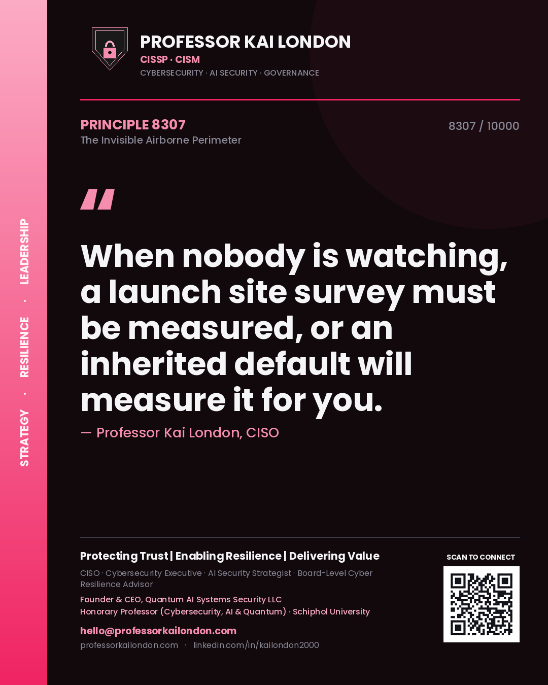 Quote card by Professor Kai London reading 'When nobody is watching, a launch site survey must be measured, or an inherited default will measure it for you.'. From the book The Invisible Airborne Perimeter.