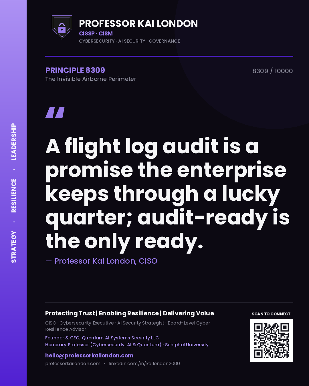 Professor Kai London principle 8309: A flight log audit is a promise the enterprise keeps through a lucky quarter; audit-ready is the only ready.