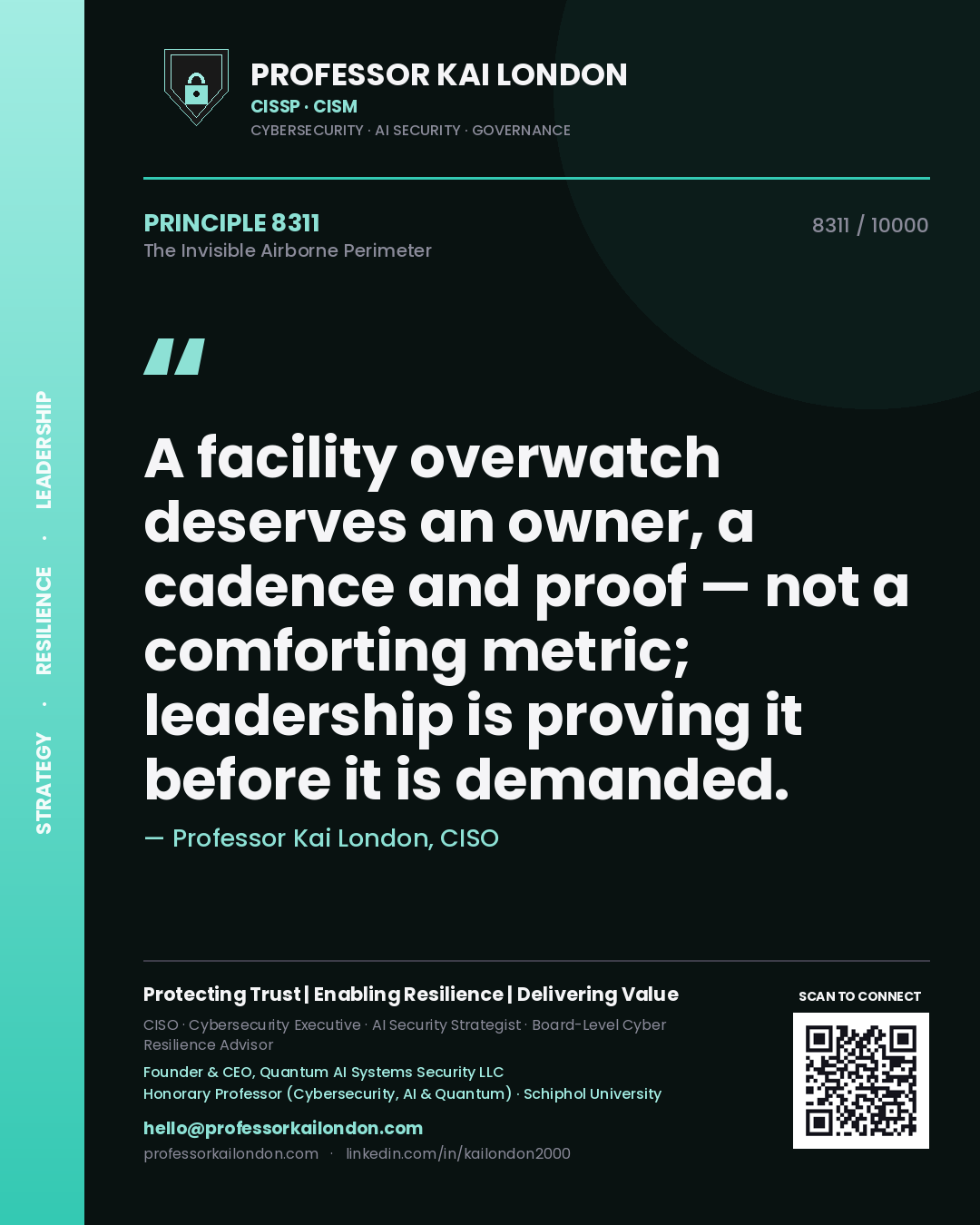 Quote card by Professor Kai London reading 'A facility overwatch deserves an owner, a cadence and proof — not a comforting metric; leadership is proving it before it is demanded.'. From the book The Invisible Airborne Perimeter.
