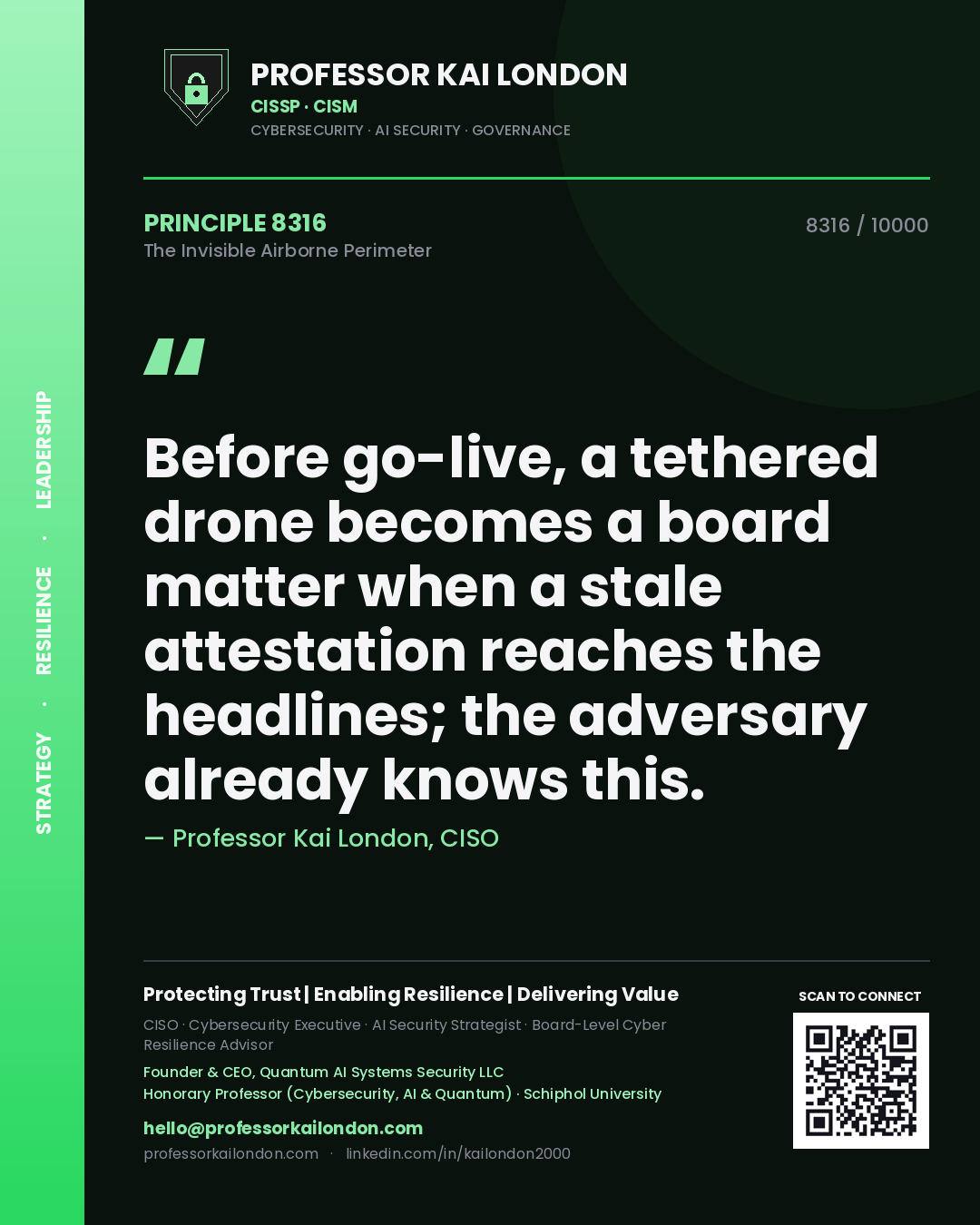Professor Kai London principle 8316: Before go-live, a tethered drone becomes a board matter when a stale attestation reaches the headlines; the adversary already knows this.