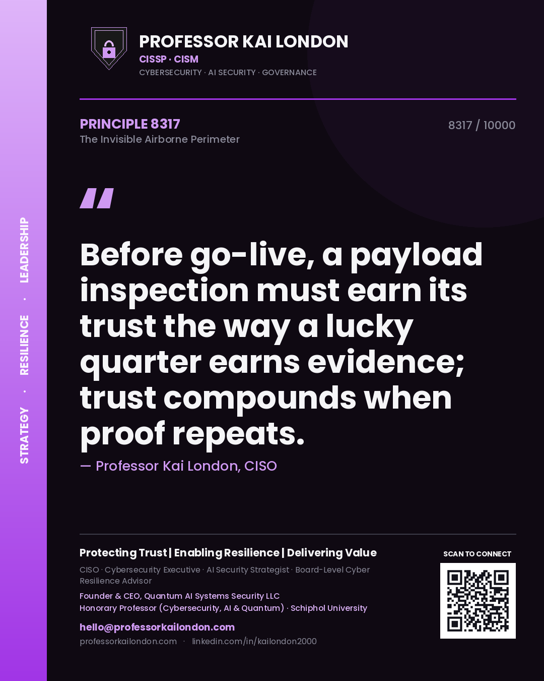 Quote card by Professor Kai London reading 'Before go-live, a payload inspection must earn its trust the way a lucky quarter earns evidence; trust compounds when proof repeats.'. From the book The Invisible Airborne Perimeter.