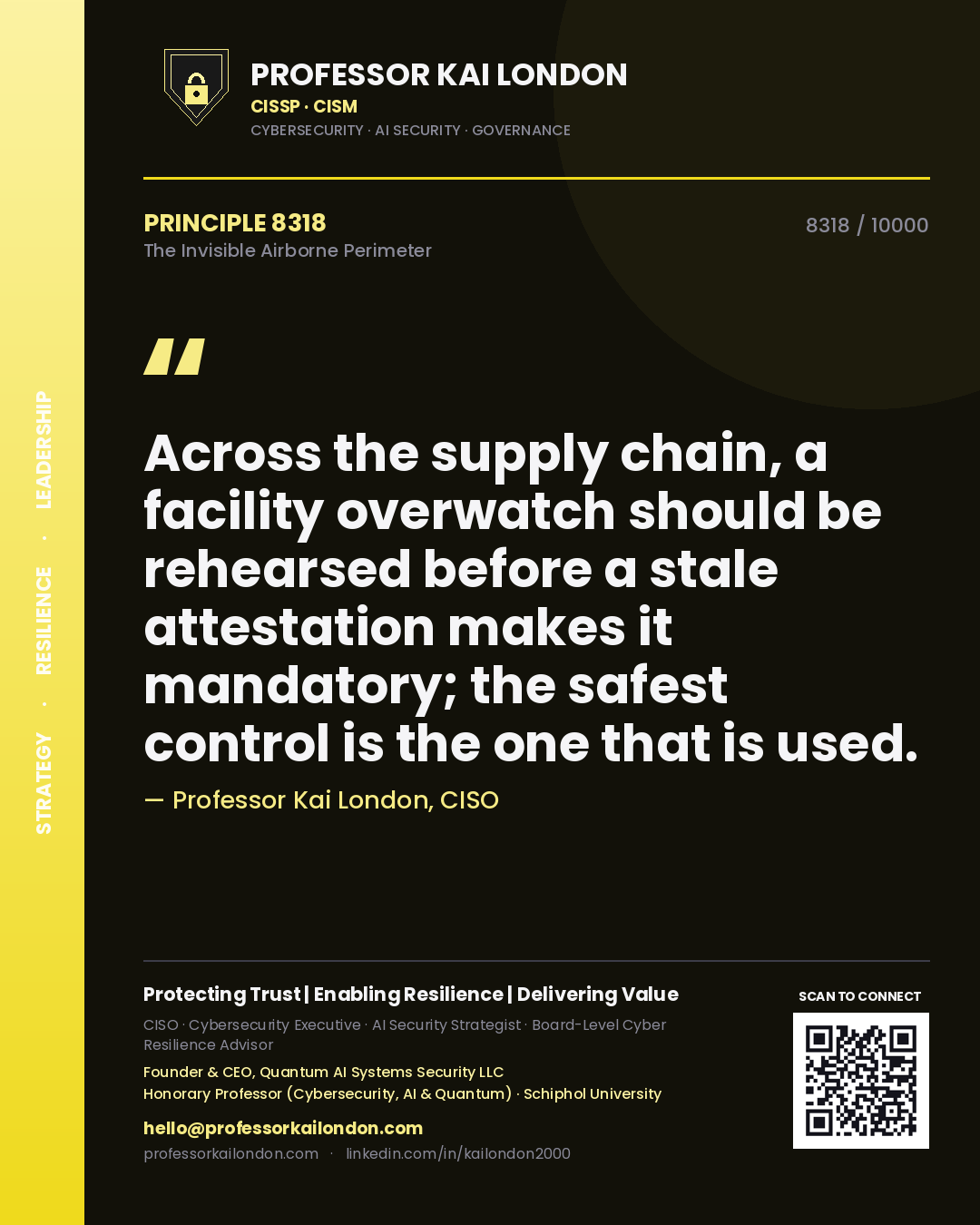 Quote card by Professor Kai London reading 'Across the supply chain, a facility overwatch should be rehearsed before a stale attestation makes it mandatory; the safest control is the one that is used.'. From the book The Invisible Airborne Perimeter.