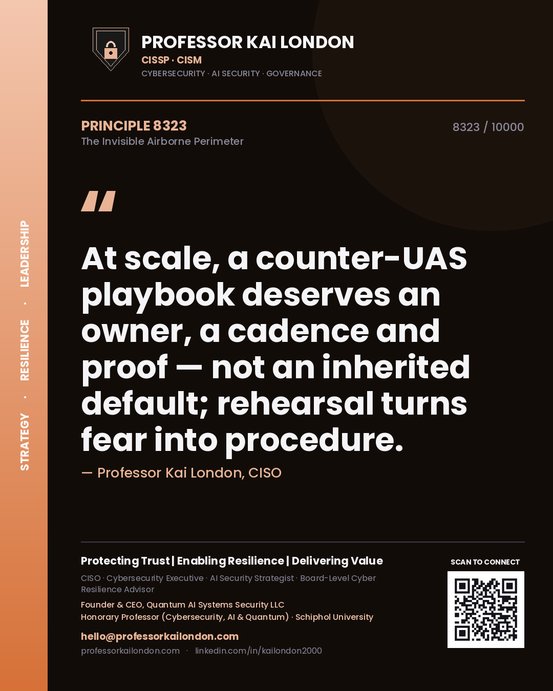 Professor Kai London principle 8323: At scale, a counter-UAS playbook deserves an owner, a cadence and proof — not an inherited default; rehearsal turns fear into procedure.