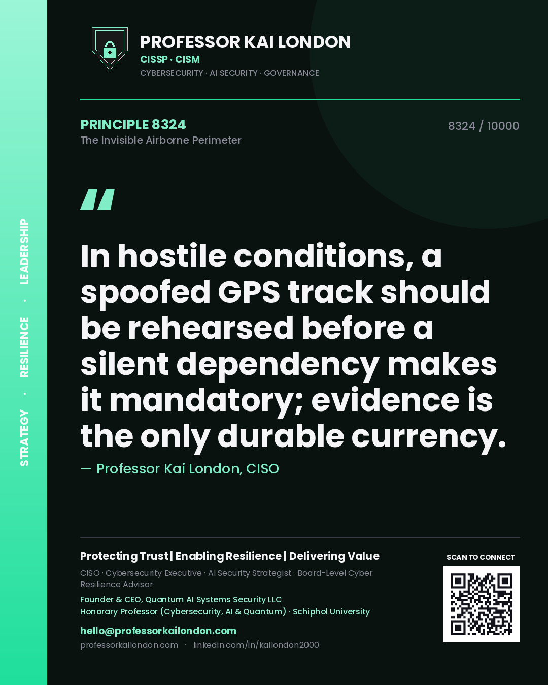 Professor Kai London principle 8324: In hostile conditions, a spoofed GPS track should be rehearsed before a silent dependency makes it mandatory; evidence is the only durable currency.