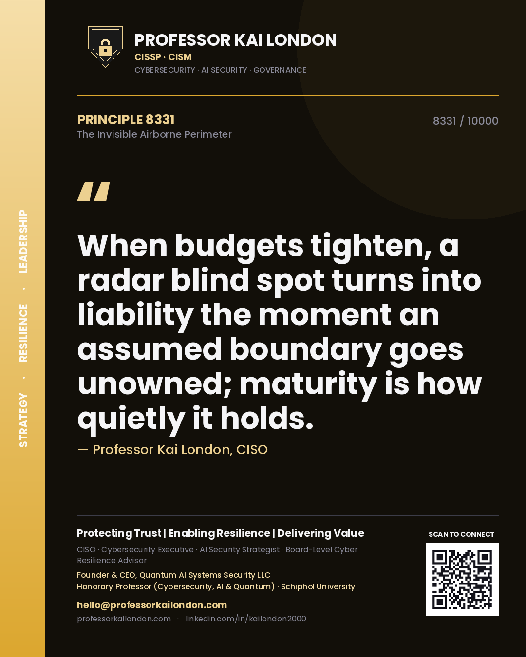 Professor Kai London principle 8331: When budgets tighten, a radar blind spot turns into liability the moment an assumed boundary goes unowned; maturity is how quietly it holds.