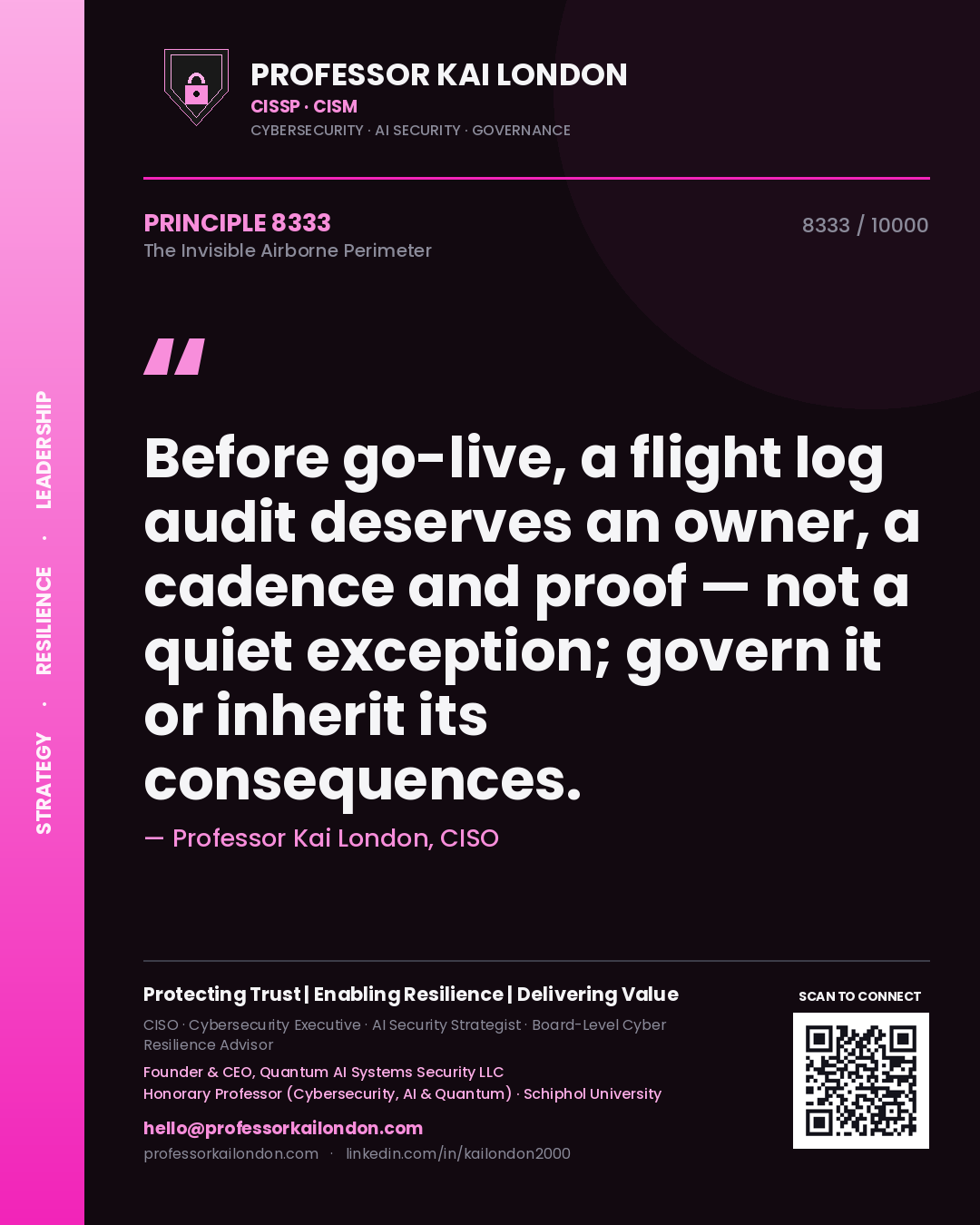 Quote card by Professor Kai London reading 'Before go-live, a flight log audit deserves an owner, a cadence and proof — not a quiet exception; govern it or inherit its consequences.'. From the book The Invisible Airborne Perimeter.