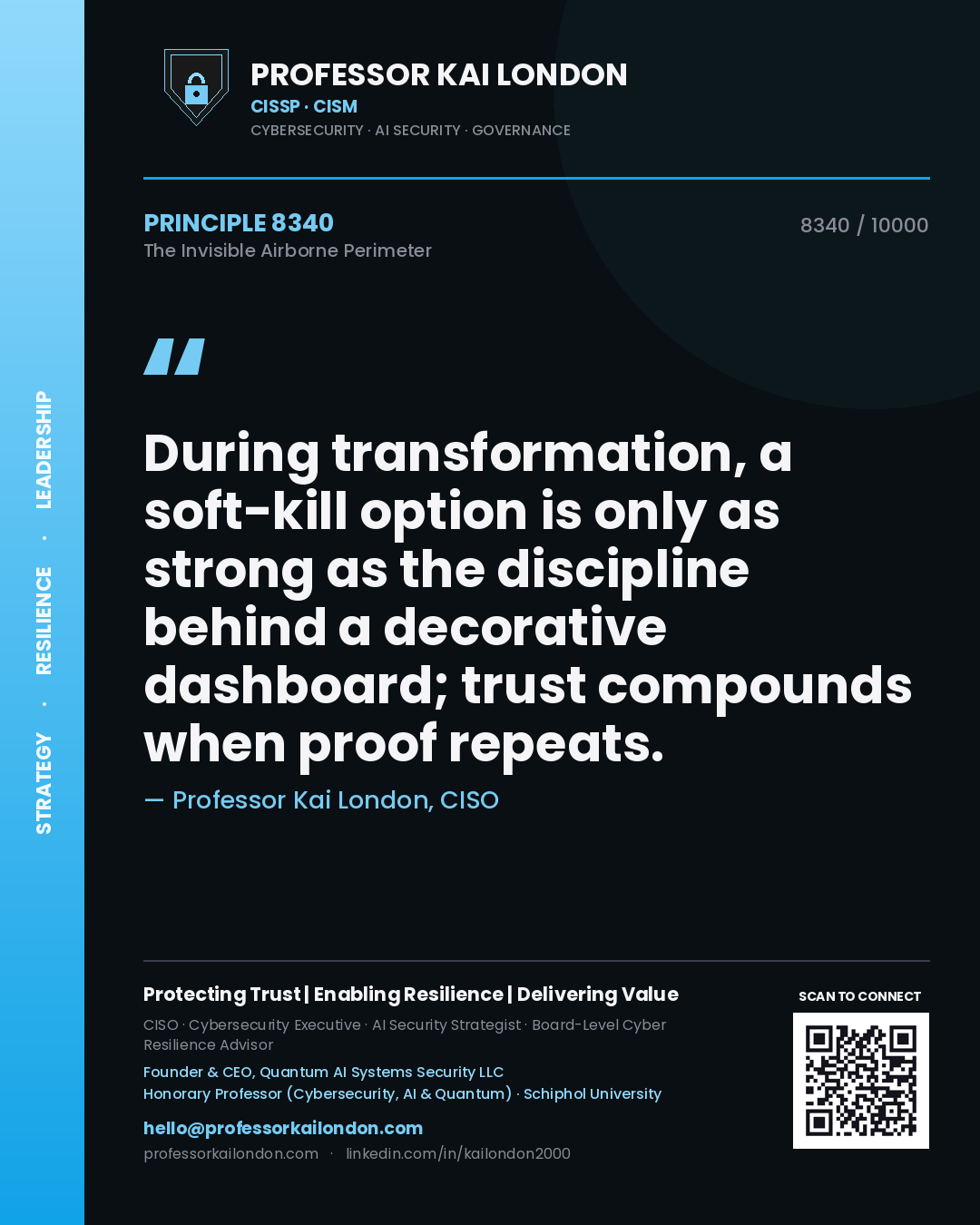 Professor Kai London principle 8340: During transformation, a soft-kill option is only as strong as the discipline behind a decorative dashboard; trust compounds when proof repeats.