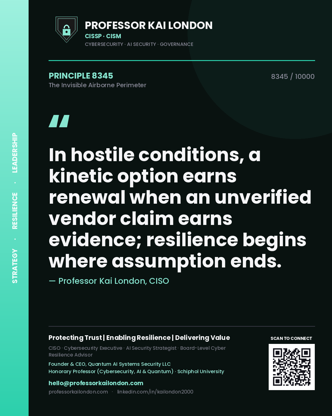 Professor Kai London principle 8345: In hostile conditions, a kinetic option earns renewal when an unverified vendor claim earns evidence; resilience begins where assumption ends.