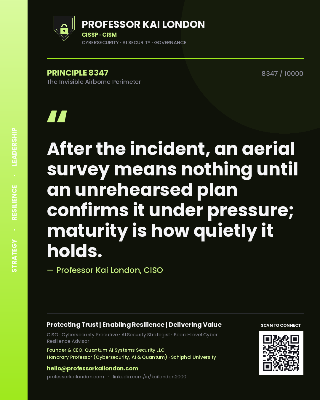 Professor Kai London principle 8347: After the incident, an aerial survey means nothing until an unrehearsed plan confirms it under pressure; maturity is how quietly it holds.