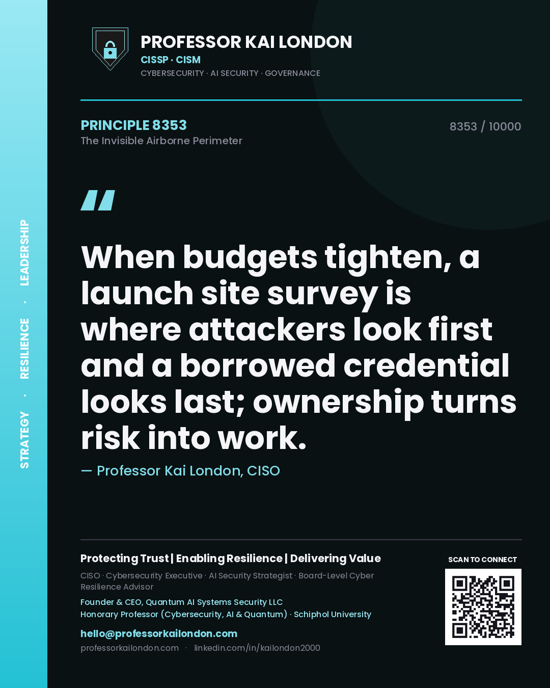 Professor Kai London principle 8353: When budgets tighten, a launch site survey is where attackers look first and a borrowed credential looks last; ownership turns risk into work.