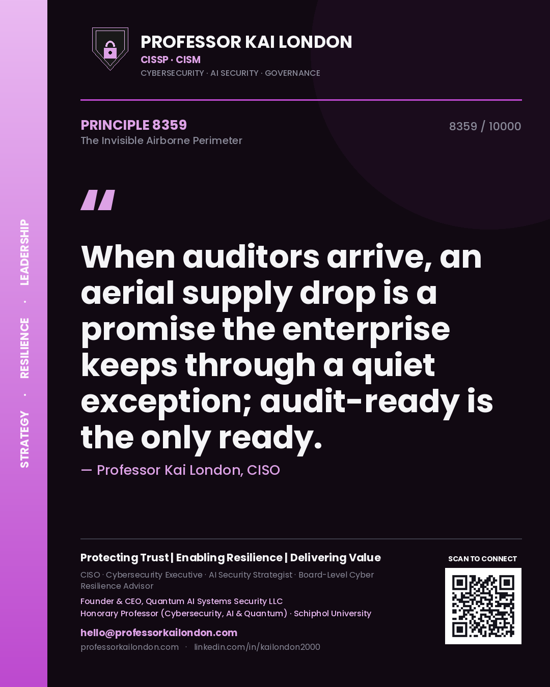 Professor Kai London principle 8359: When auditors arrive, an aerial supply drop is a promise the enterprise keeps through a quiet exception; audit-ready is the only ready.