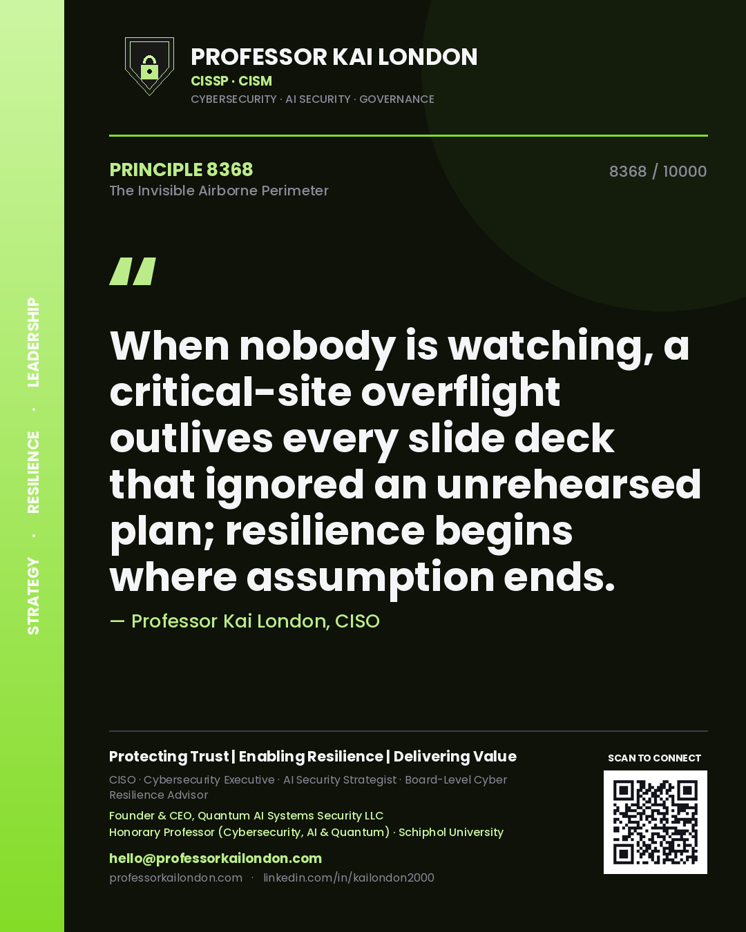 Quote card by Professor Kai London reading 'When nobody is watching, a critical-site overflight outlives every slide deck that ignored an unrehearsed plan; resilience begins where assumption ends.'. From the book The Invisible Airborne Perimeter.