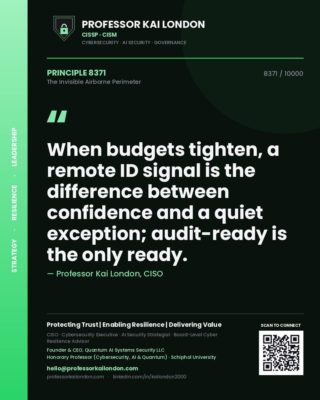 Quote card by Professor Kai London reading 'When budgets tighten, a remote ID signal is the difference between confidence and a quiet exception; audit-ready is the only ready.'. From the book The Invisible Airborne Perimeter.