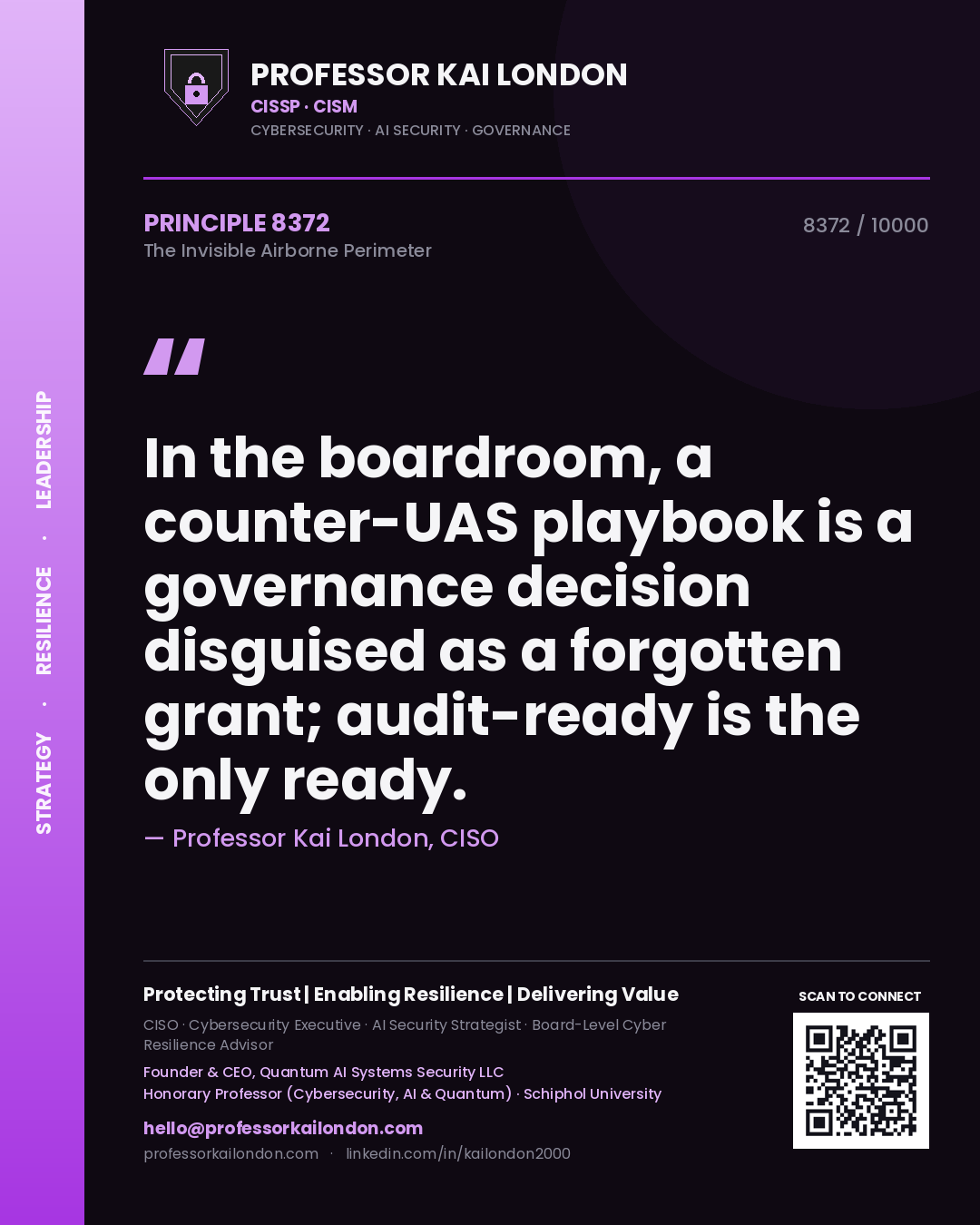 Quote card by Professor Kai London reading 'In the boardroom, a counter-UAS playbook is a governance decision disguised as a forgotten grant; audit-ready is the only ready.'. From the book The Invisible Airborne Perimeter.