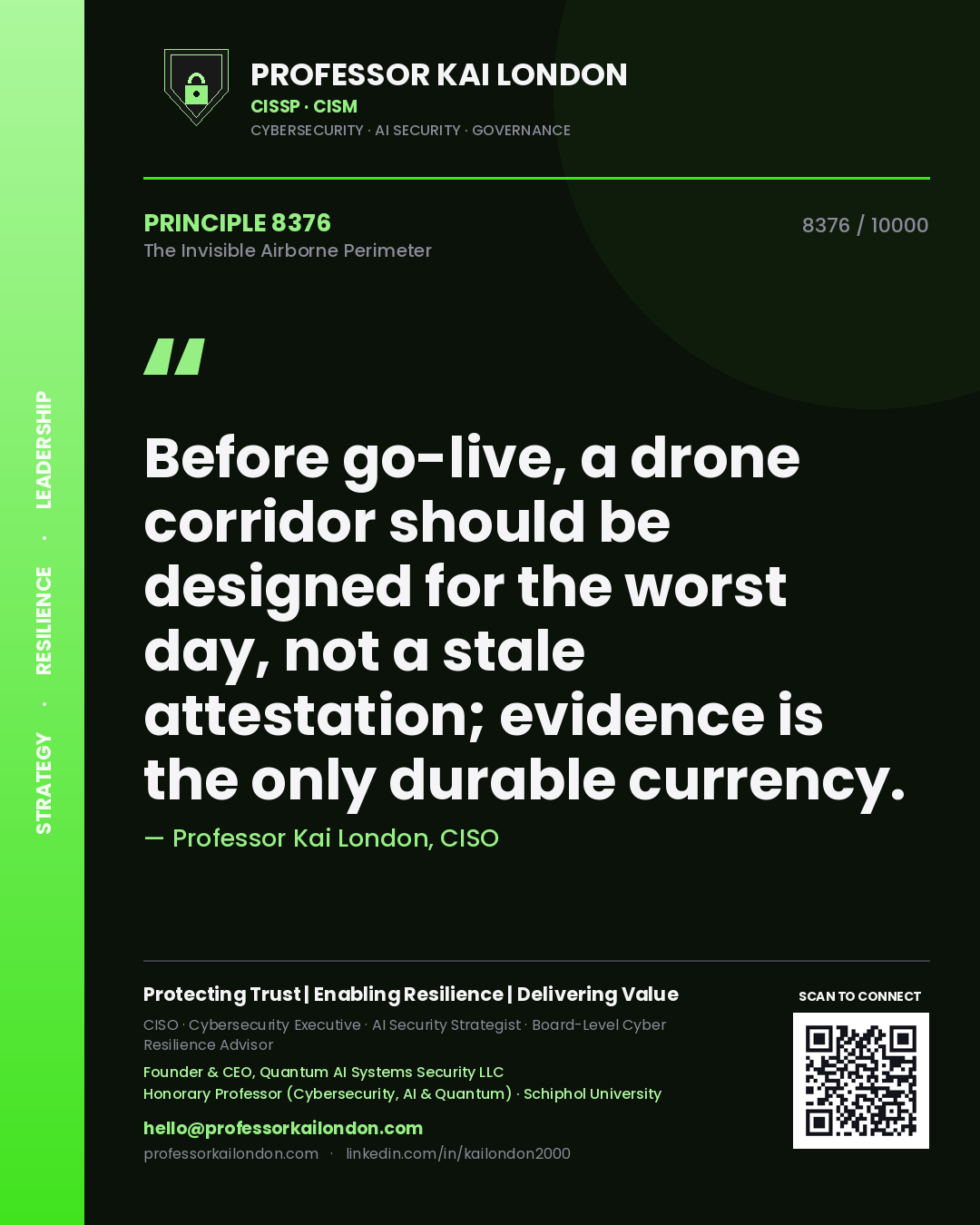 Professor Kai London principle 8376: Before go-live, a drone corridor should be designed for the worst day, not a stale attestation; evidence is the only durable currency.
