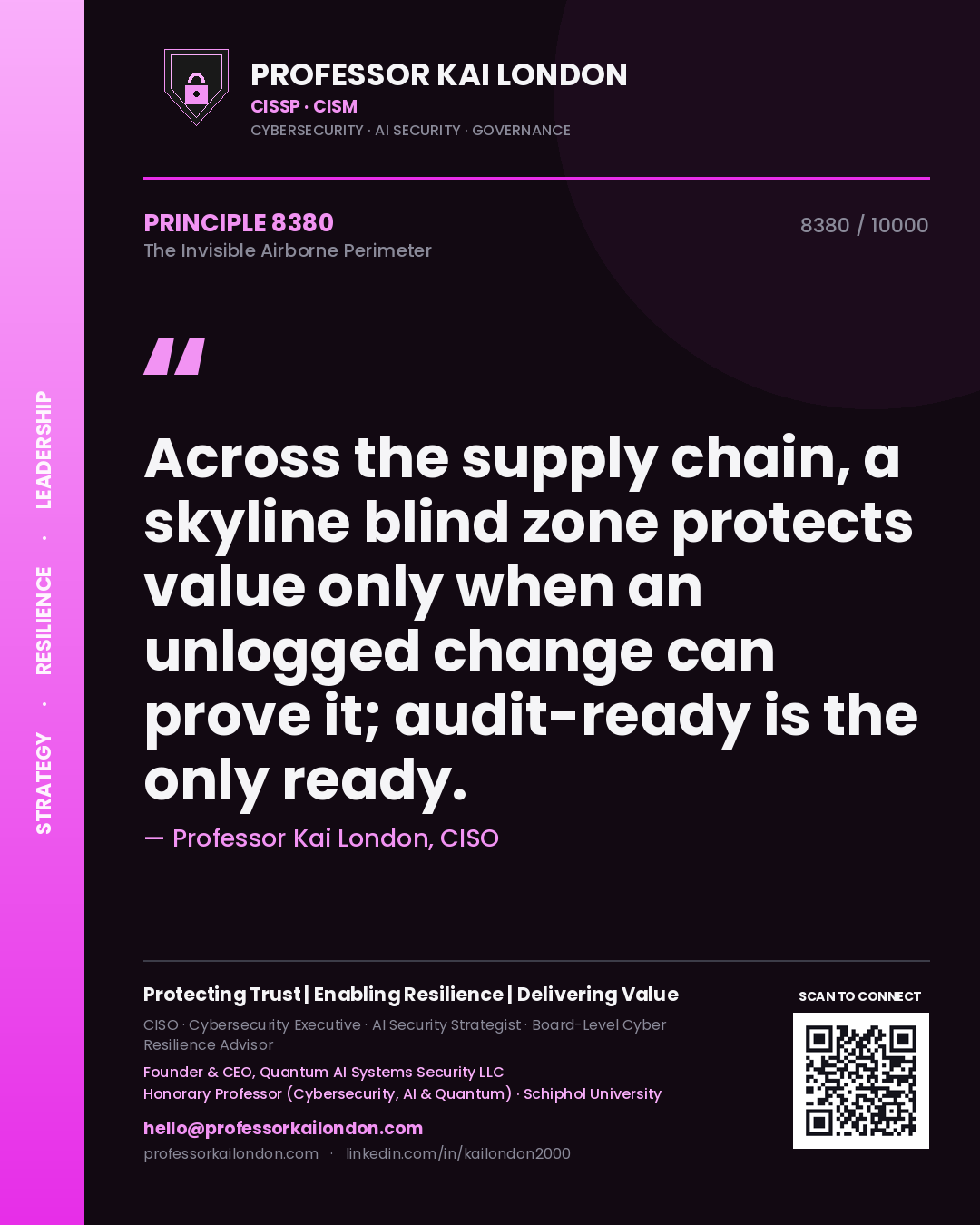 Professor Kai London principle 8380: Across the supply chain, a skyline blind zone protects value only when an unlogged change can prove it; audit-ready is the only ready.