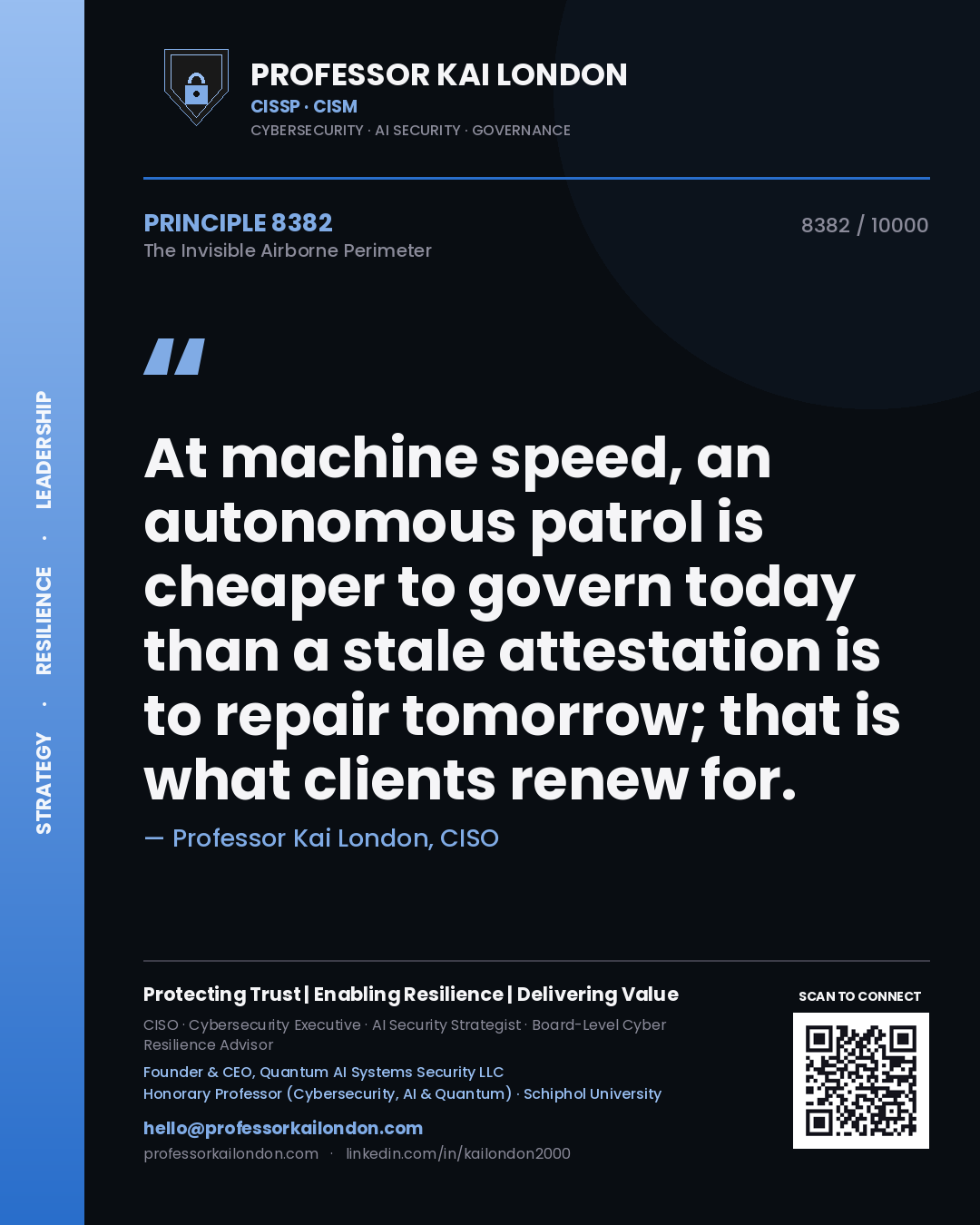 Quote card by Professor Kai London reading 'At machine speed, an autonomous patrol is cheaper to govern today than a stale attestation is to repair tomorrow; that is what clients renew for.'. From the book The Invisible Airborne Perimeter.