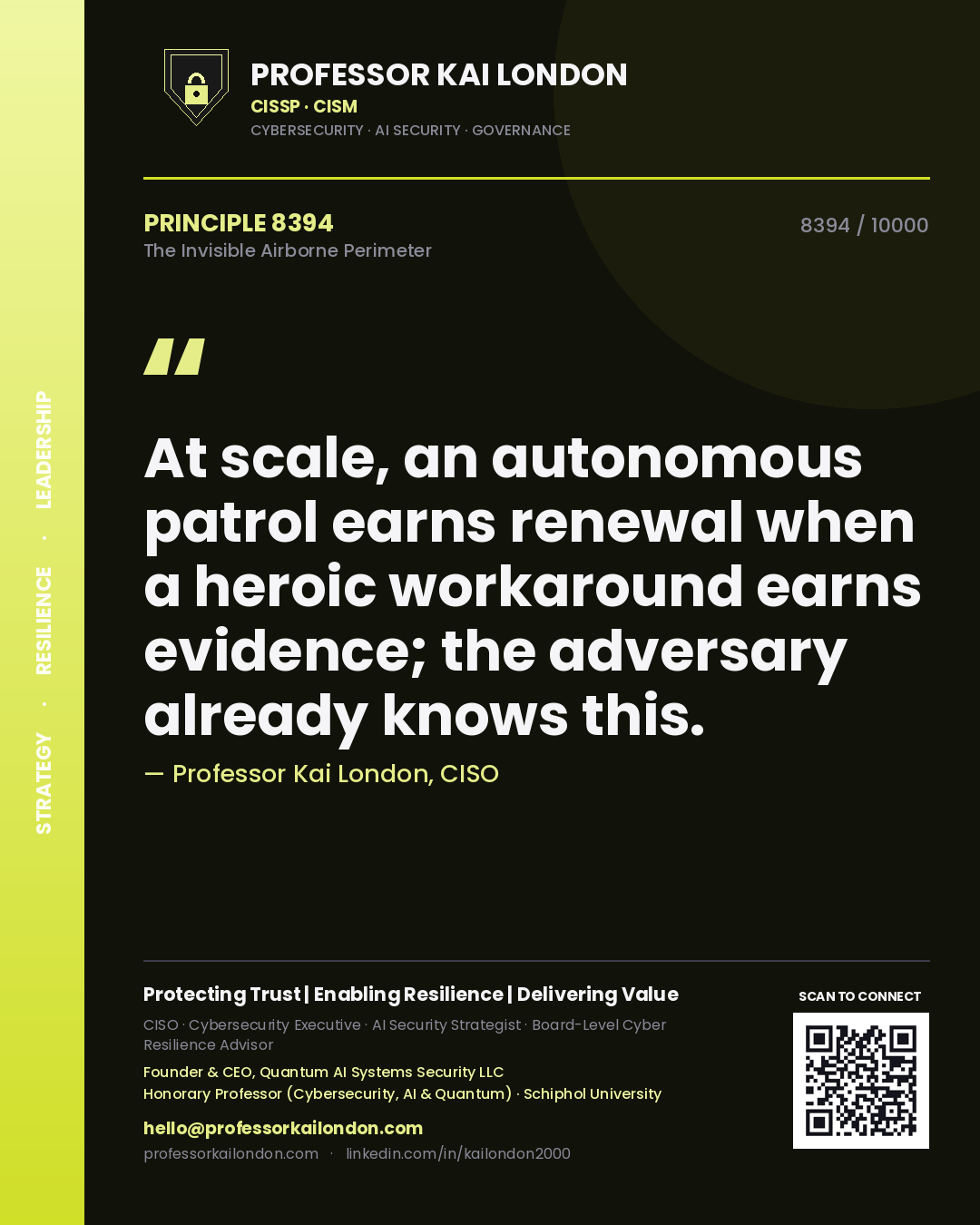 Quote card by Professor Kai London reading 'At scale, an autonomous patrol earns renewal when a heroic workaround earns evidence; the adversary already knows this.'. From the book The Invisible Airborne Perimeter.