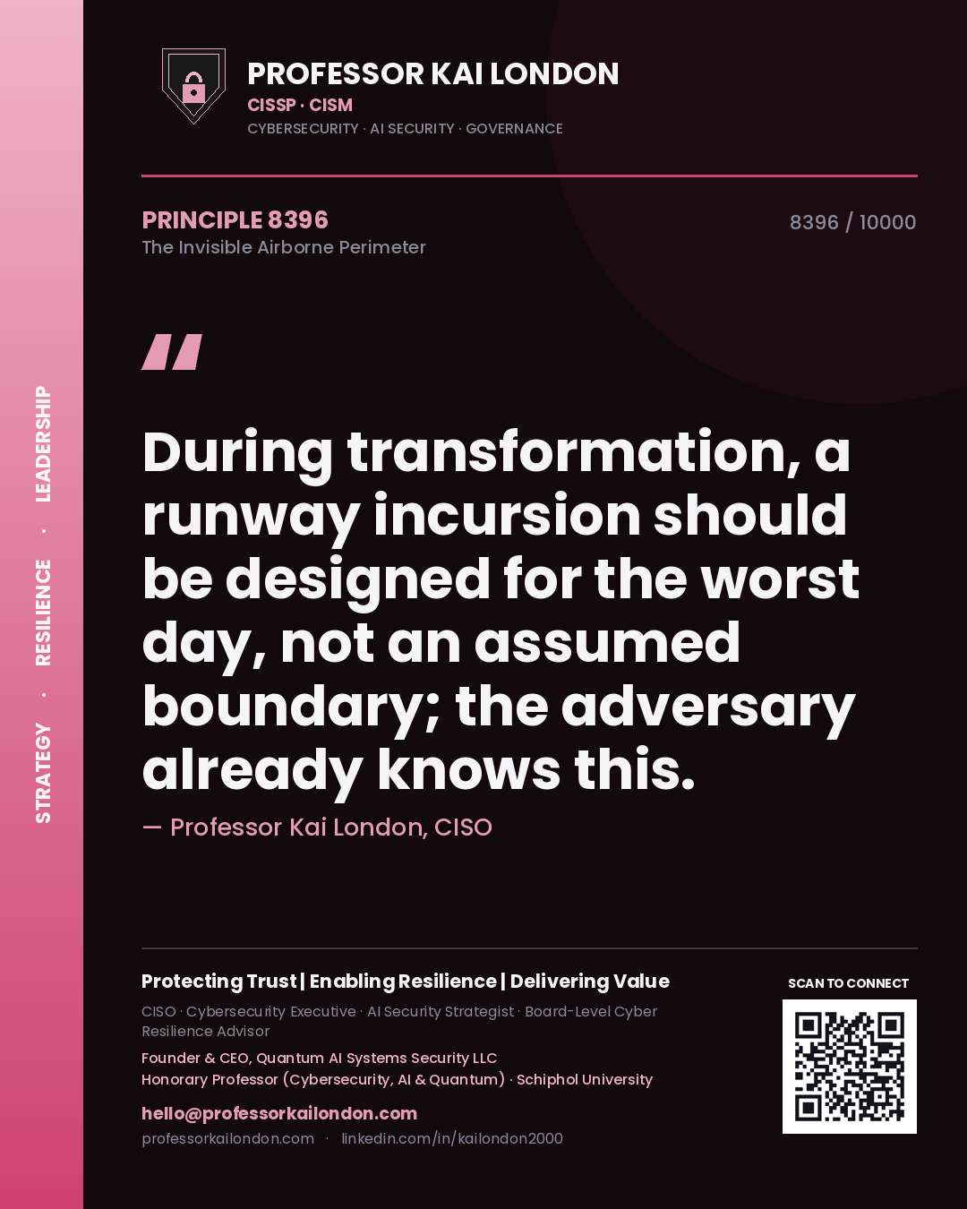 Professor Kai London principle 8396: During transformation, a runway incursion should be designed for the worst day, not an assumed boundary; the adversary already knows this.