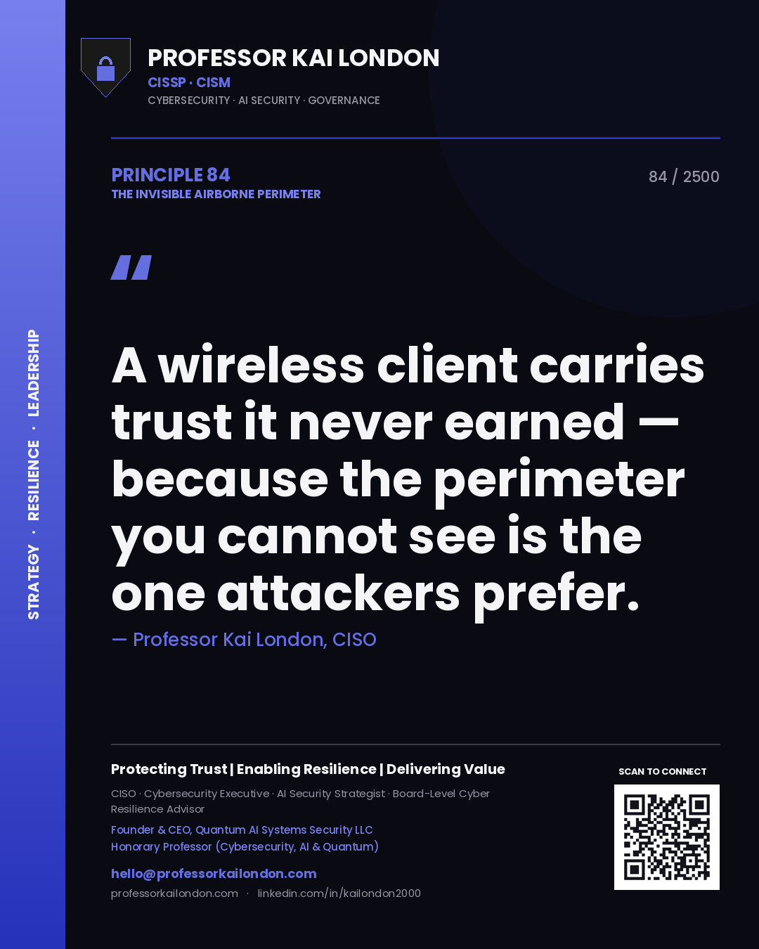 Quote card by Professor Kai London reading 'A wireless client carries trust it never earned — because the perimeter you cannot see is the one attackers prefer.'. From the book The Invisible Airborne Perimeter.