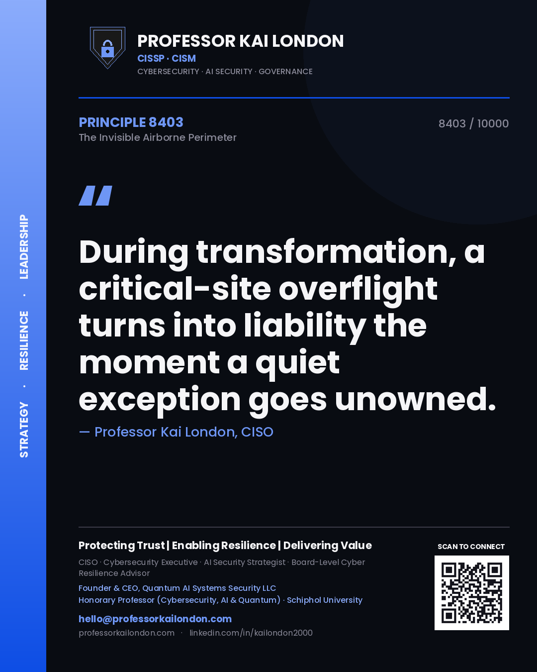 Quote card by Professor Kai London reading 'During transformation, a critical-site overflight turns into liability the moment a quiet exception goes unowned.'. From the book The Invisible Airborne Perimeter.