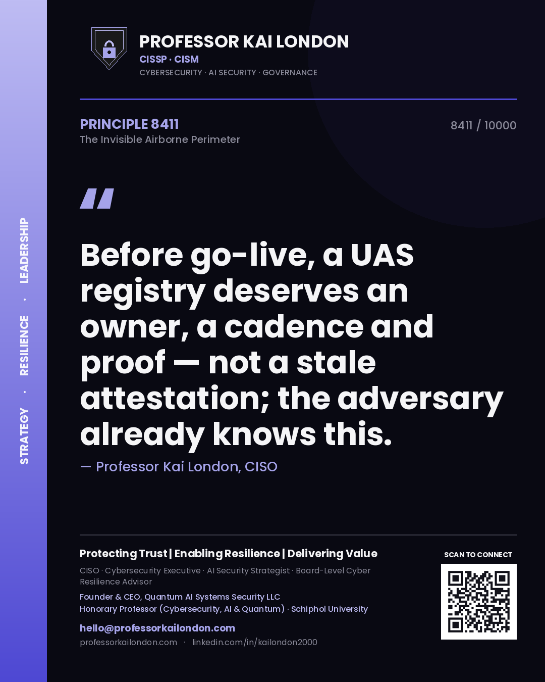 Quote card by Professor Kai London reading 'Before go-live, a UAS registry deserves an owner, a cadence and proof — not a stale attestation; the adversary already knows this.'. From the book The Invisible Airborne Perimeter.