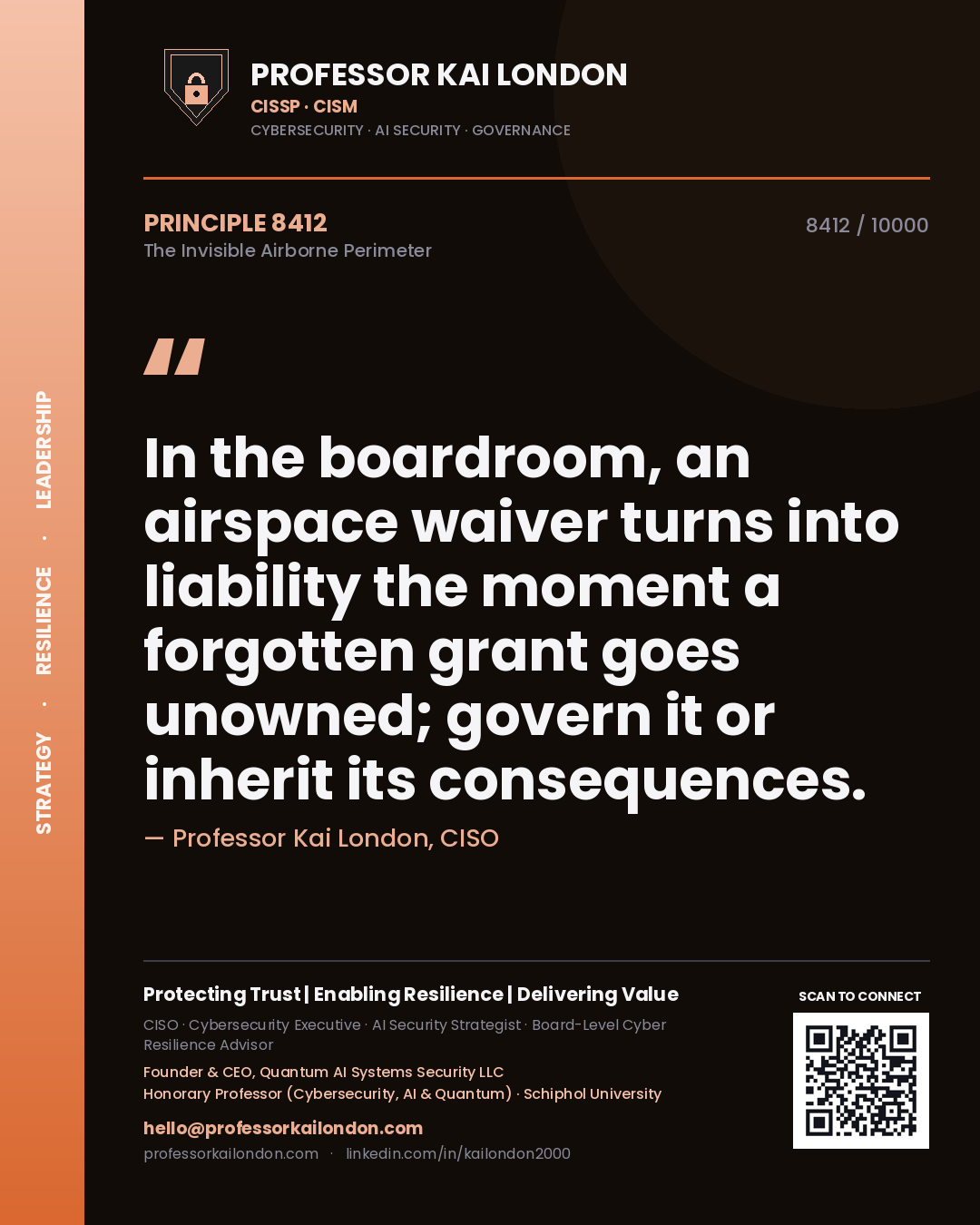 Quote card by Professor Kai London reading 'In the boardroom, an airspace waiver turns into liability the moment a forgotten grant goes unowned; govern it or inherit its consequences.'. From the book The Invisible Airborne Perimeter.