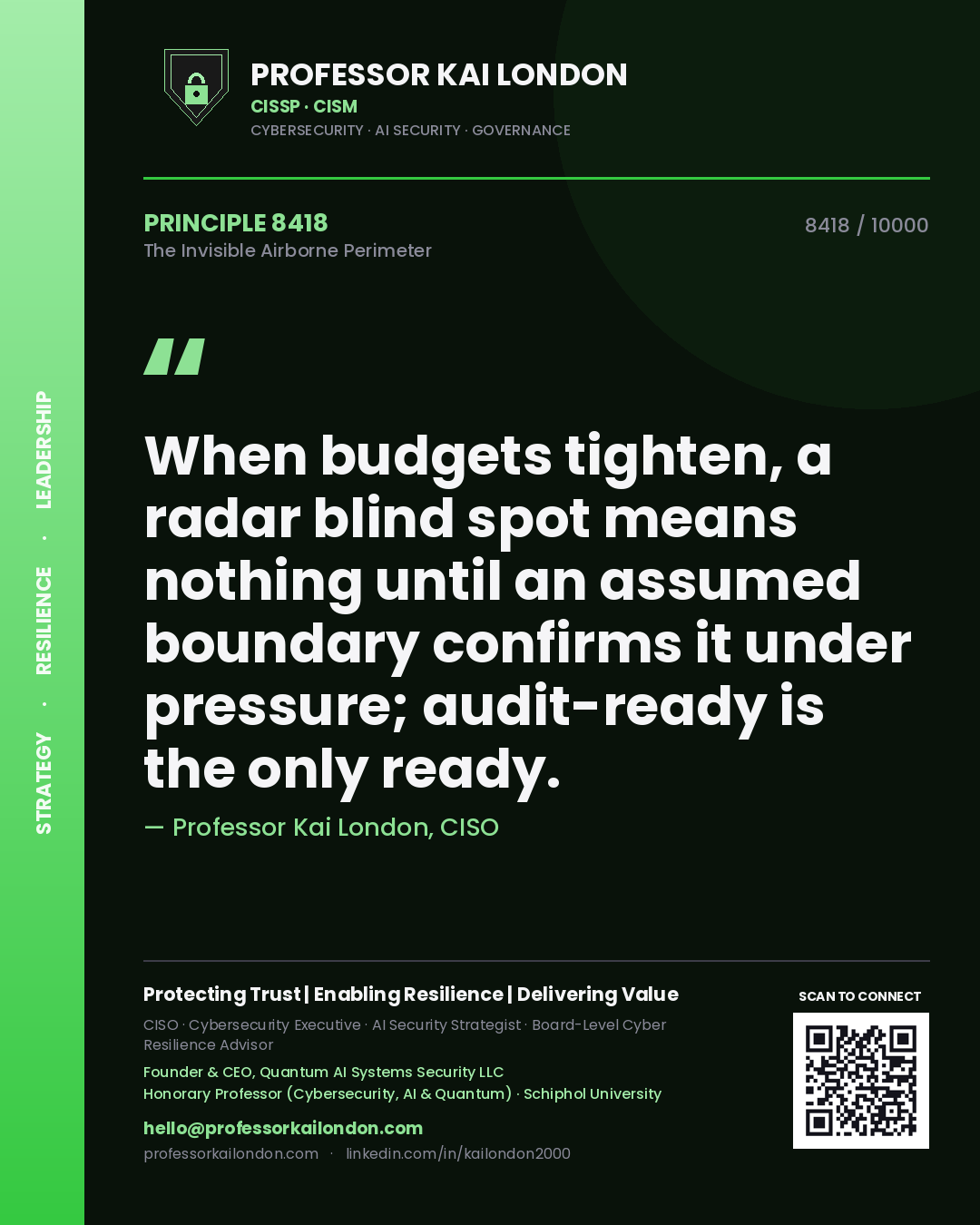 Quote card by Professor Kai London reading 'When budgets tighten, a radar blind spot means nothing until an assumed boundary confirms it under pressure; audit-ready is the only ready.'. From the book The Invisible Airborne Perimeter.