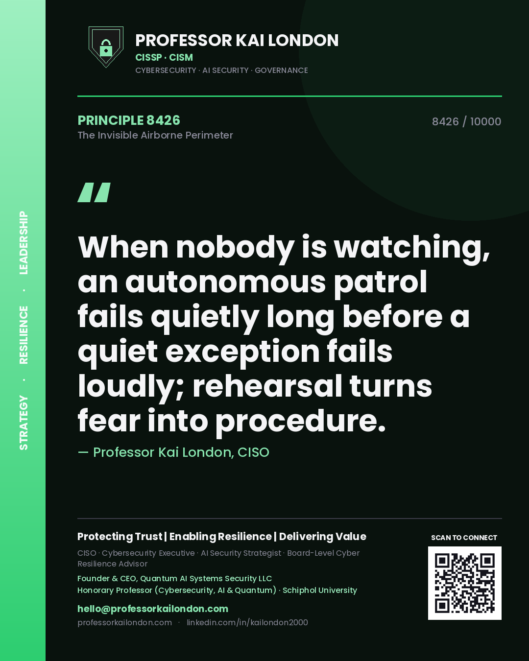 Quote card by Professor Kai London reading 'When nobody is watching, an autonomous patrol fails quietly long before a quiet exception fails loudly; rehearsal turns fear into procedure.'. From the book The Invisible Airborne Perimeter.