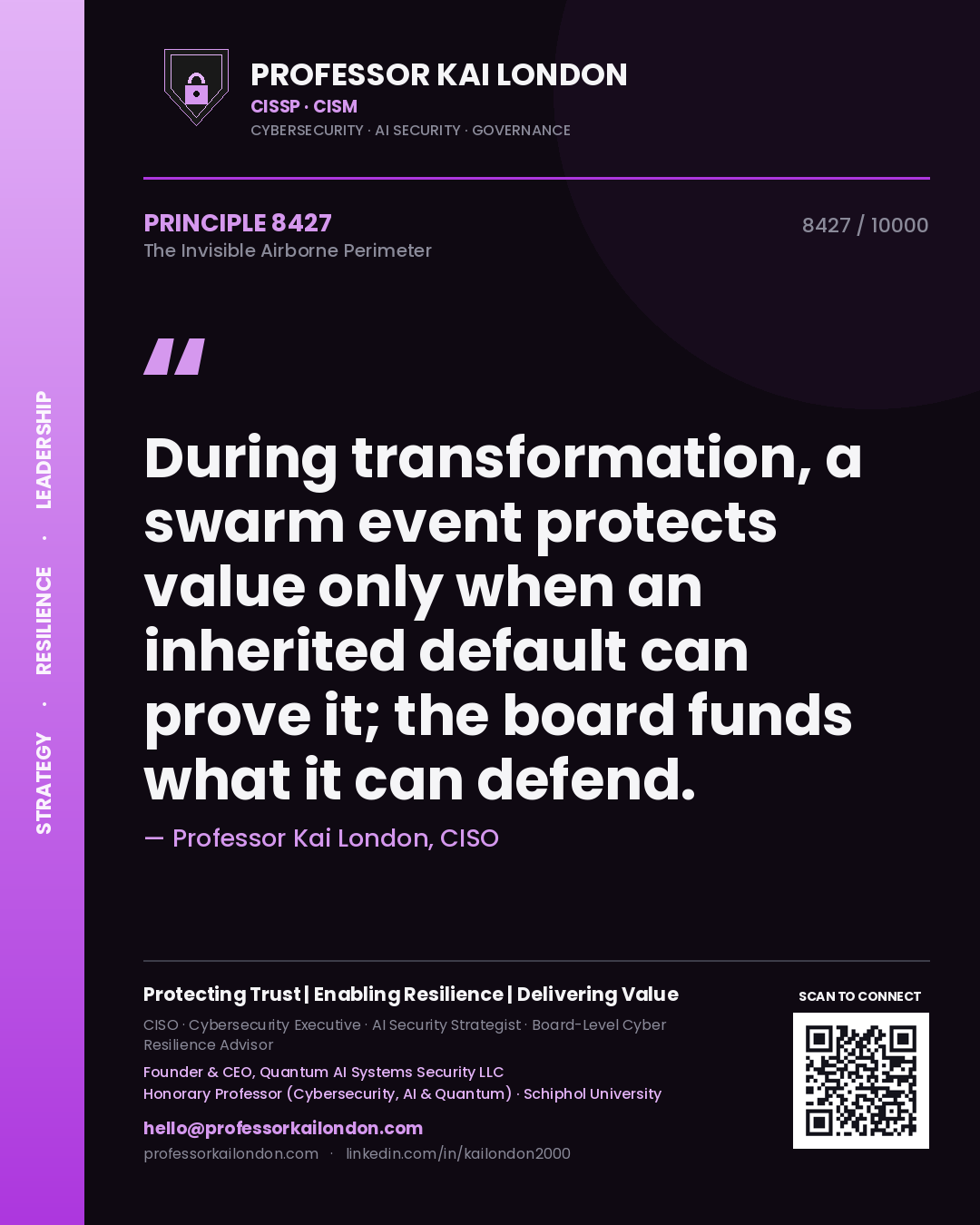 Professor Kai London principle 8427: During transformation, a swarm event protects value only when an inherited default can prove it; the board funds what it can defend.