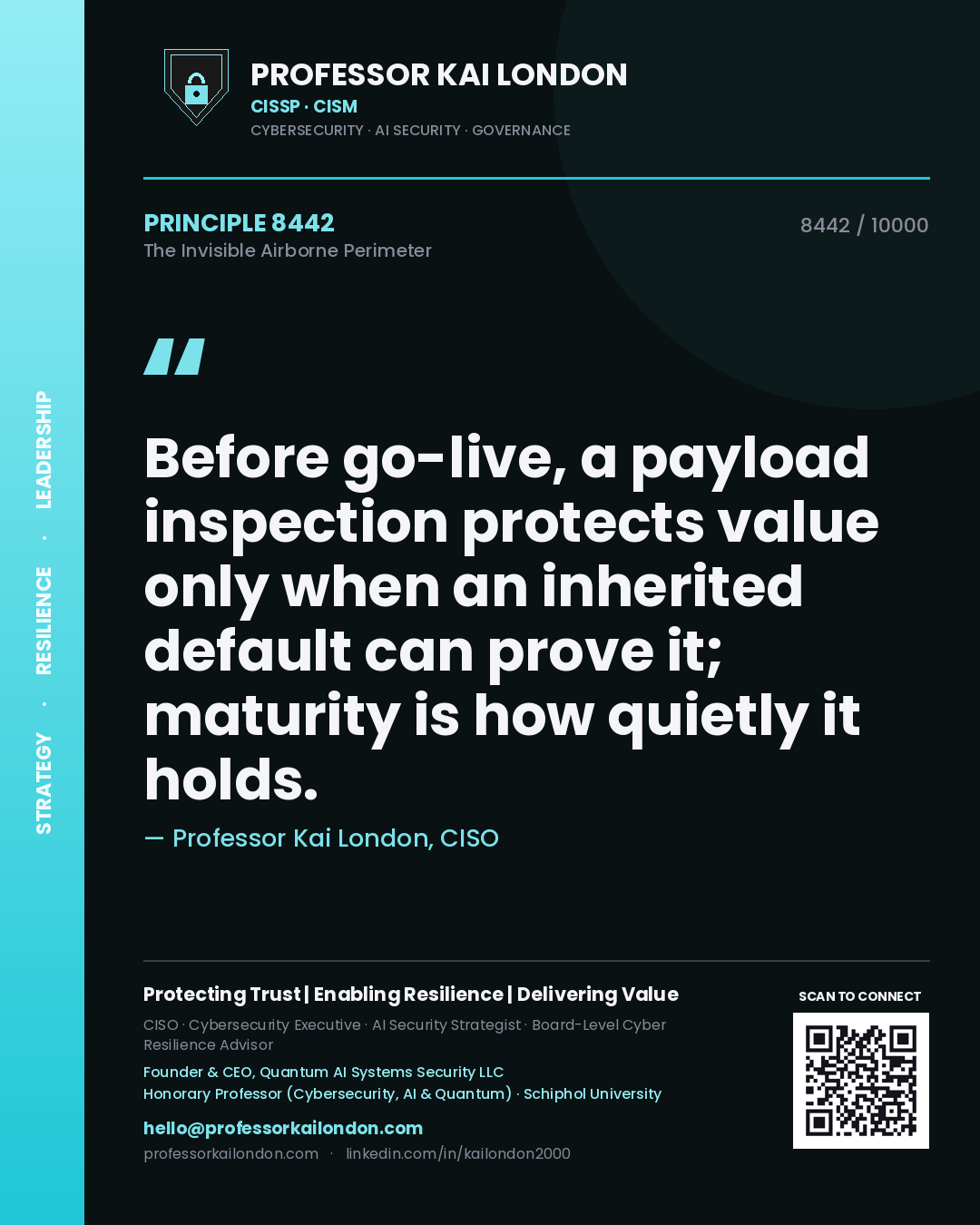 Quote card by Professor Kai London reading 'Before go-live, a payload inspection protects value only when an inherited default can prove it; maturity is how quietly it holds.'. From the book The Invisible Airborne Perimeter.