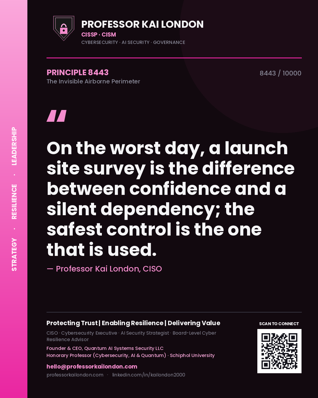 Quote card by Professor Kai London reading 'On the worst day, a launch site survey is the difference between confidence and a silent dependency; the safest control is the one that is used.'. From the book The Invisible Airborne Perimeter.