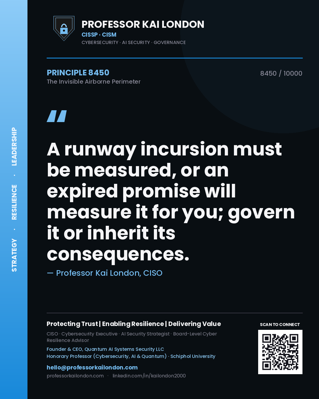 Quote card by Professor Kai London reading 'A runway incursion must be measured, or an expired promise will measure it for you; govern it or inherit its consequences.'. From the book The Invisible Airborne Perimeter.