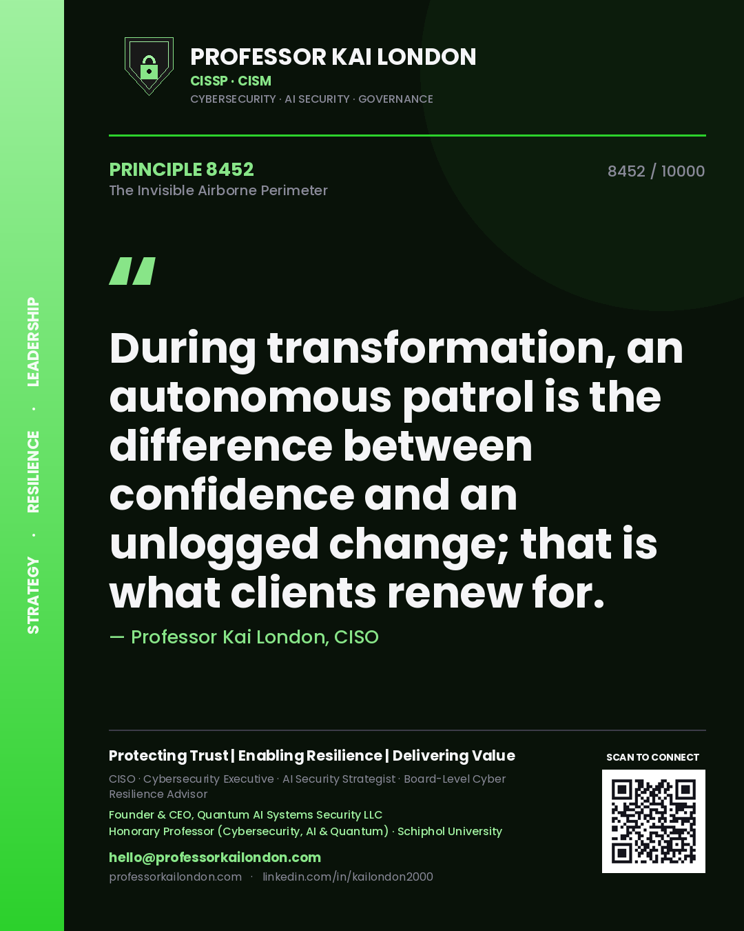 Professor Kai London principle 8452: During transformation, an autonomous patrol is the difference between confidence and an unlogged change; that is what clients renew for.