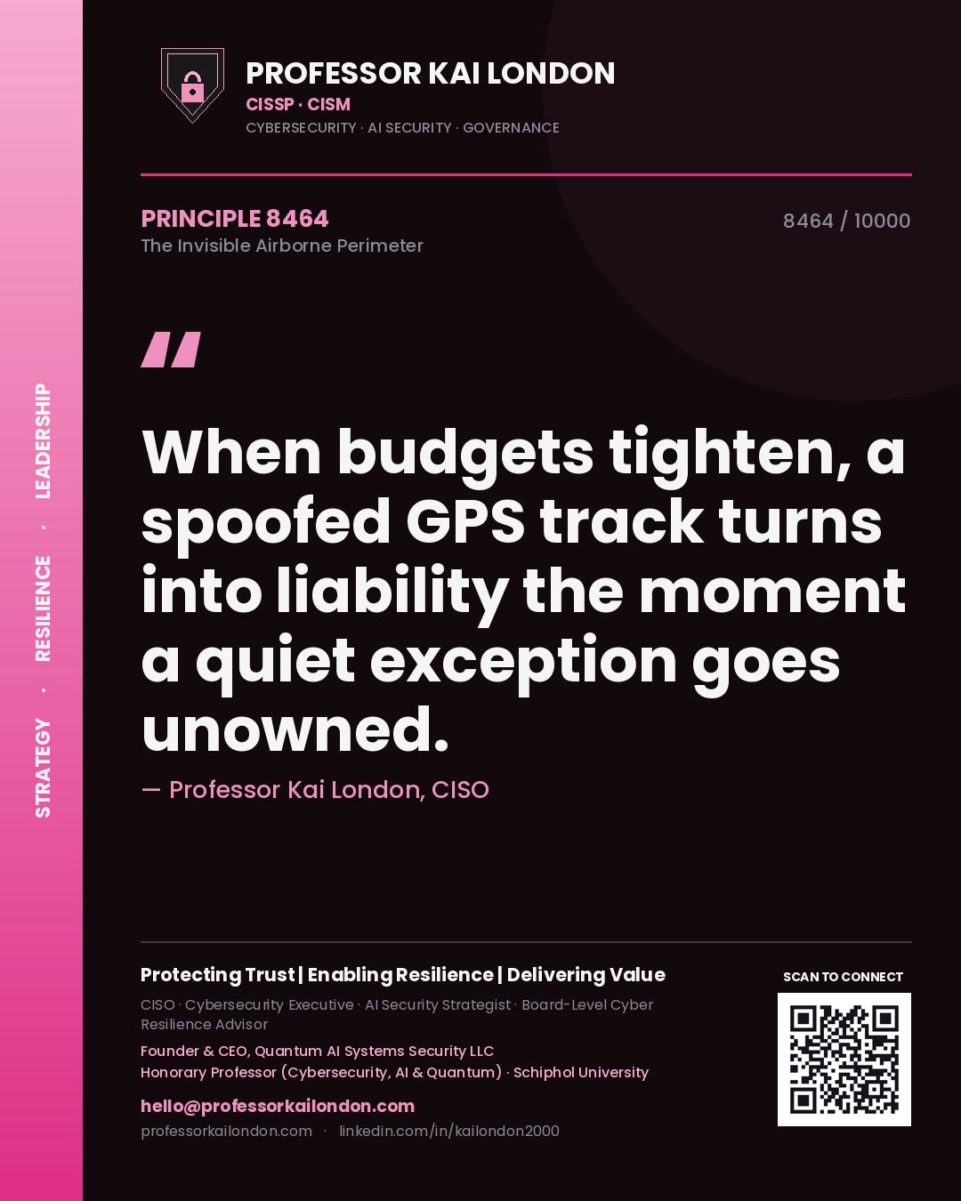 Quote card by Professor Kai London reading 'When budgets tighten, a spoofed GPS track turns into liability the moment a quiet exception goes unowned.'. From the book The Invisible Airborne Perimeter.
