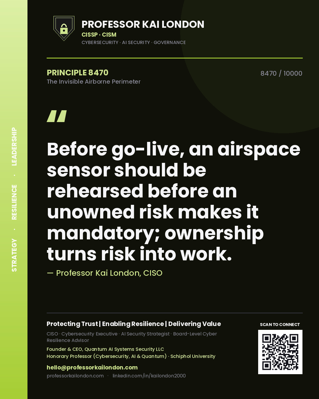 Quote card by Professor Kai London reading 'Before go-live, an airspace sensor should be rehearsed before an unowned risk makes it mandatory; ownership turns risk into work.'. From the book The Invisible Airborne Perimeter.